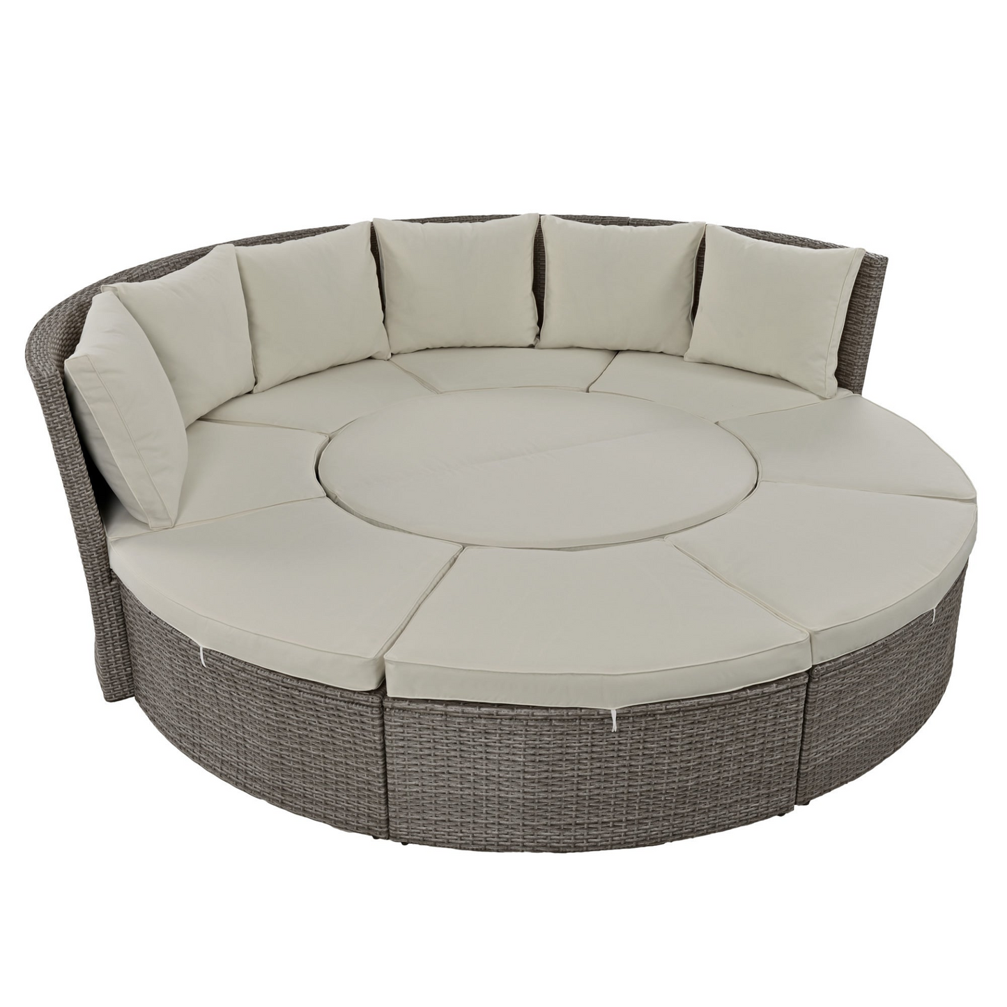 Patio Furntiure Sets | Patio 5-Piece Round Rattan Sectional Sofa Set All-Weather PE Wicker Sunbed Daybed with Round Liftable Table and Washable Cushions for Outdoor Backyard Poolside, Gray | casafoyer.myshopify.com