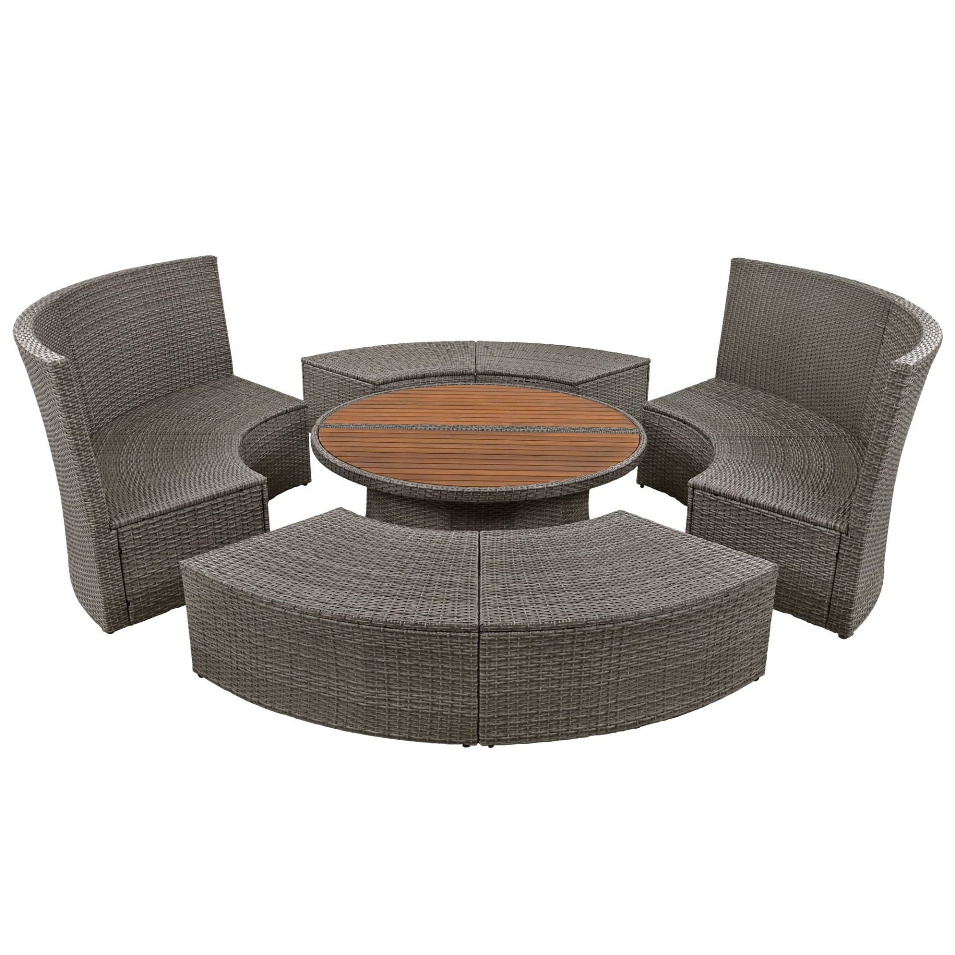 Patio Furntiure Sets | Patio 5-Piece Round Rattan Sectional Sofa Set All-Weather PE Wicker Sunbed Daybed with Round Liftable Table and Washable Cushions for Outdoor Backyard Poolside, Gray | casafoyer.myshopify.com