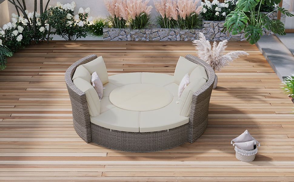 Patio Furntiure Sets | Patio 5-Piece Round Rattan Sectional Sofa Set All-Weather PE Wicker Sunbed Daybed with Round Liftable Table and Washable Cushions for Outdoor Backyard Poolside, Gray | casafoyer.myshopify.com