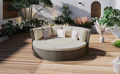 Patio Furntiure Sets | Patio 5-Piece Round Rattan Sectional Sofa Set All-Weather PE Wicker Sunbed Daybed with Round Liftable Table and Washable Cushions for Outdoor Backyard Poolside, Gray | casafoyer.myshopify.com