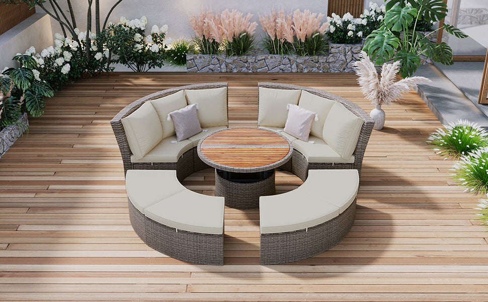 Patio Furntiure Sets | Patio 5-Piece Round Rattan Sectional Sofa Set All-Weather PE Wicker Sunbed Daybed with Round Liftable Table and Washable Cushions for Outdoor Backyard Poolside, Gray | casafoyer.myshopify.com