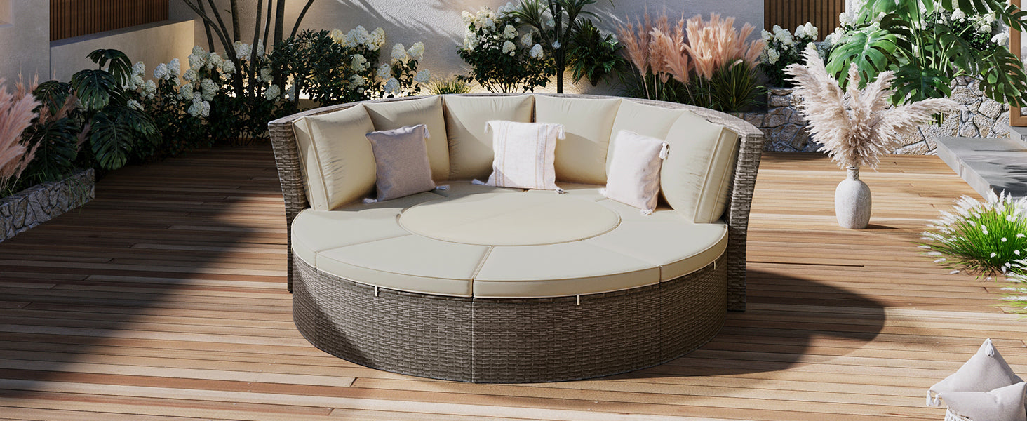 Patio Furntiure Sets | Patio 5-Piece Round Rattan Sectional Sofa Set All-Weather PE Wicker Sunbed Daybed with Round Liftable Table and Washable Cushions for Outdoor Backyard Poolside, Gray | casafoyer.myshopify.com