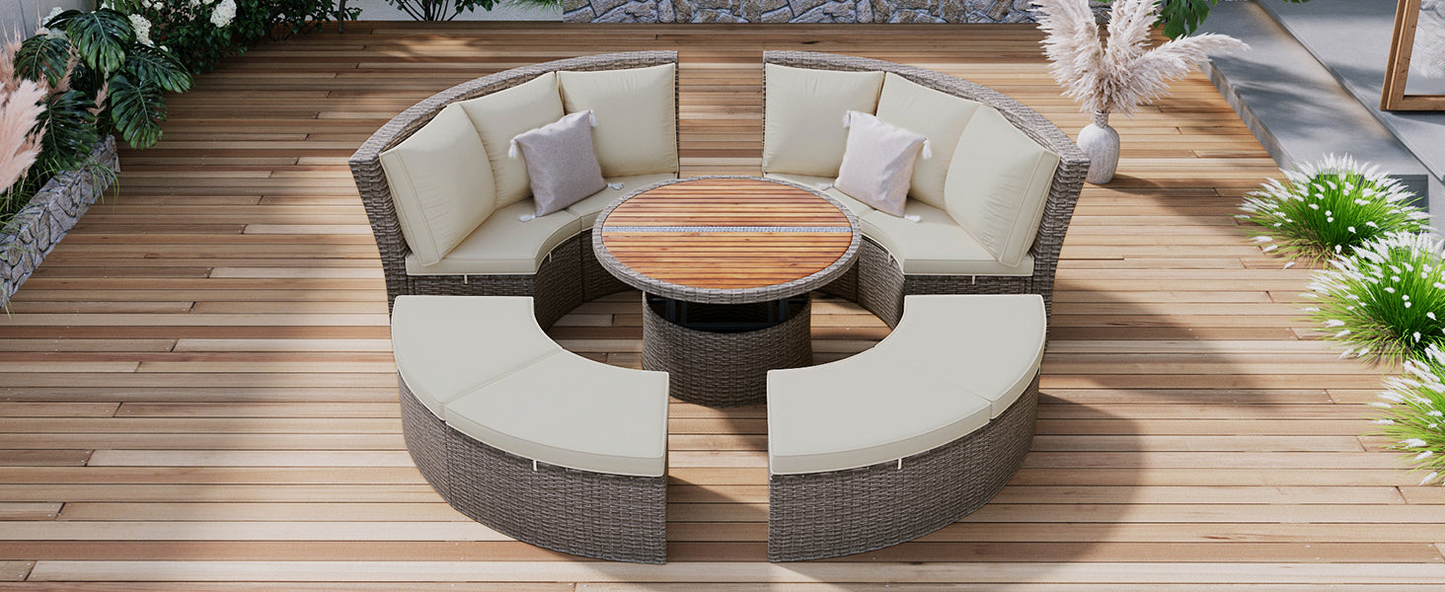 Patio Furntiure Sets | Patio 5-Piece Round Rattan Sectional Sofa Set All-Weather PE Wicker Sunbed Daybed with Round Liftable Table and Washable Cushions for Outdoor Backyard Poolside, Gray | casafoyer.myshopify.com