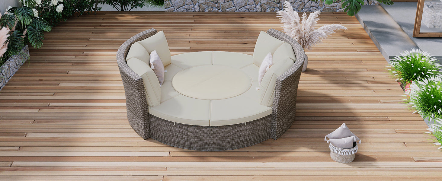 Patio Furntiure Sets | Patio 5-Piece Round Rattan Sectional Sofa Set All-Weather PE Wicker Sunbed Daybed with Round Liftable Table and Washable Cushions for Outdoor Backyard Poolside, Gray | casafoyer.myshopify.com