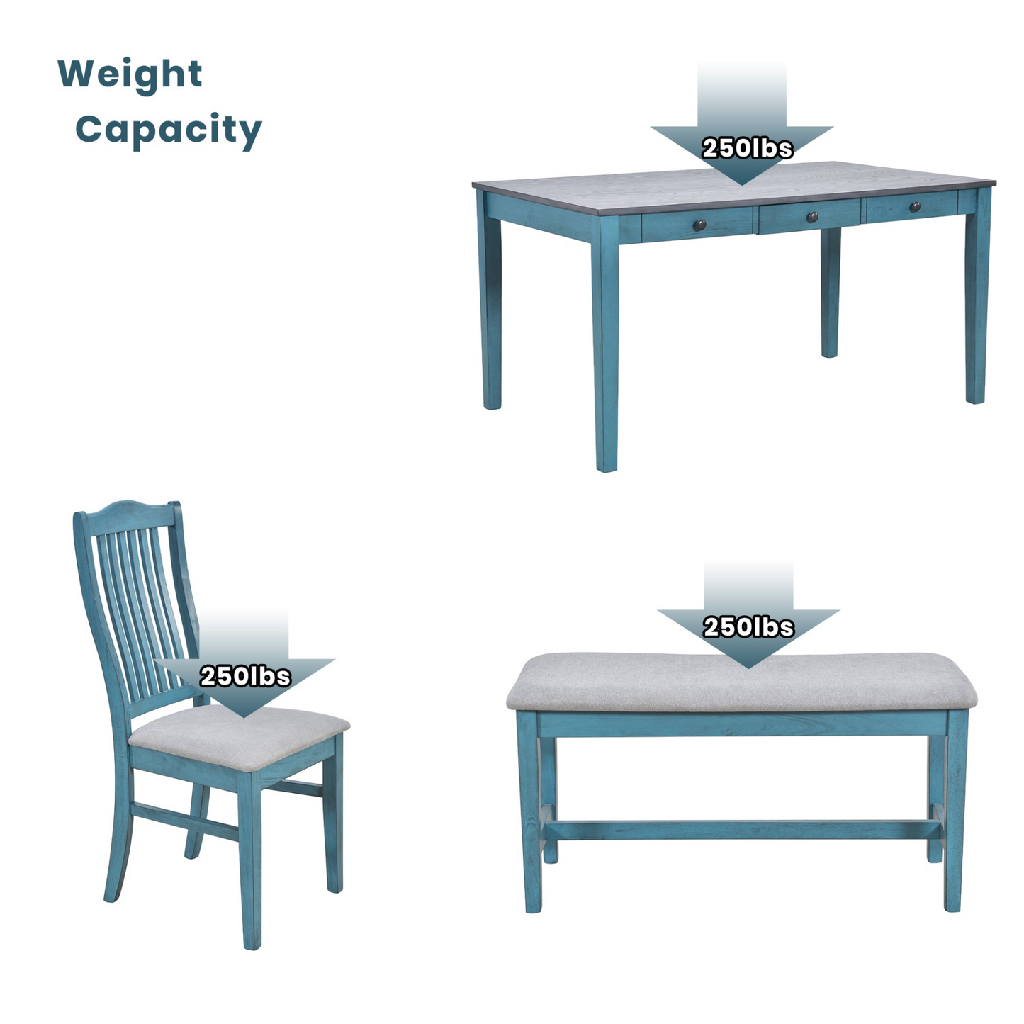 Dining Table | Mid-Century 6-Piece Wood Dining Table Set, Kitchen Table Set with Drawer, Upholstered Chairs and Bench, Antique Blue | casafoyer.myshopify.com