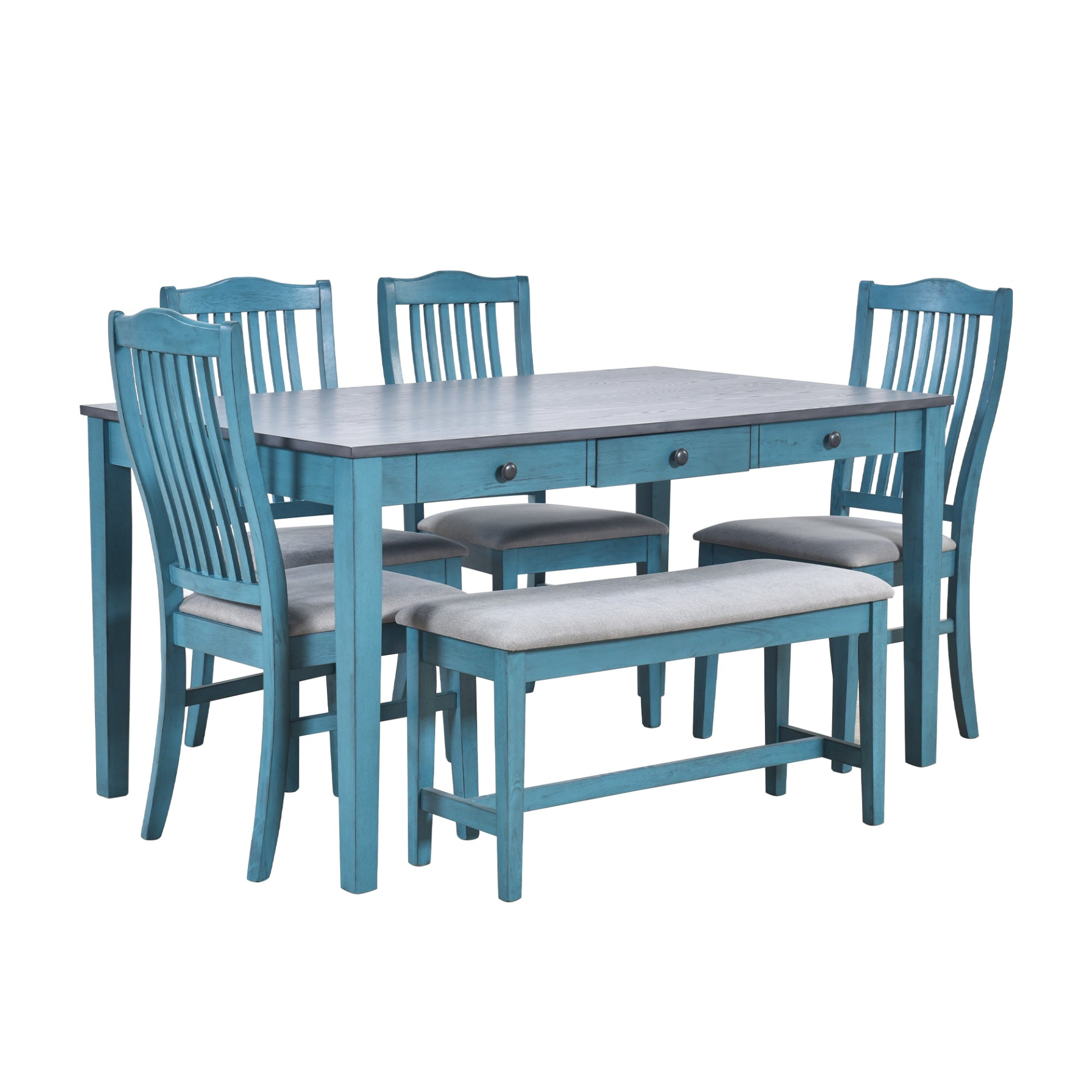 Dining Table | Mid-Century 6-Piece Wood Dining Table Set, Kitchen Table Set with Drawer, Upholstered Chairs and Bench, Antique Blue | casafoyer.myshopify.com