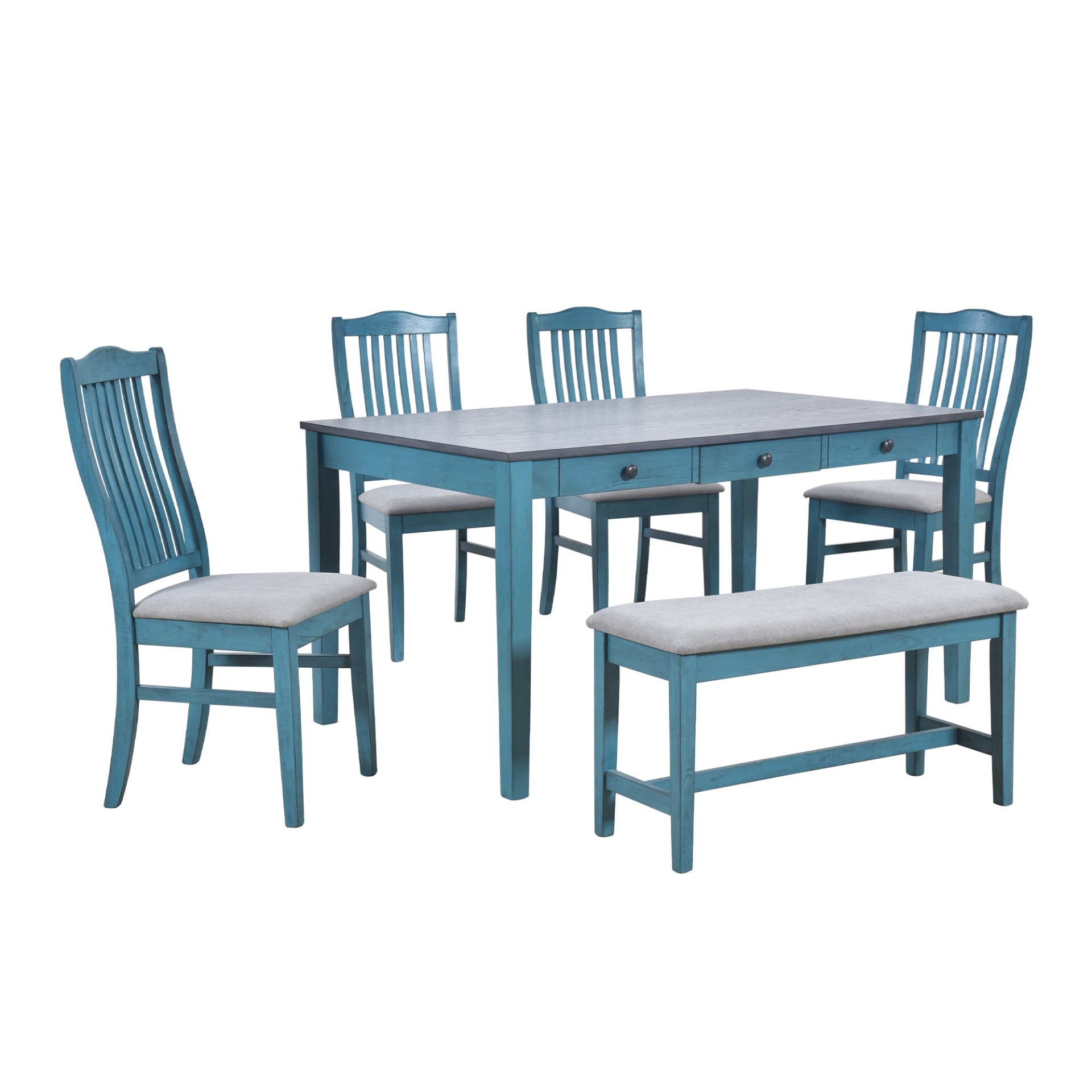 Dining Table | Mid-Century 6-Piece Wood Dining Table Set, Kitchen Table Set with Drawer, Upholstered Chairs and Bench, Antique Blue | casafoyer.myshopify.com