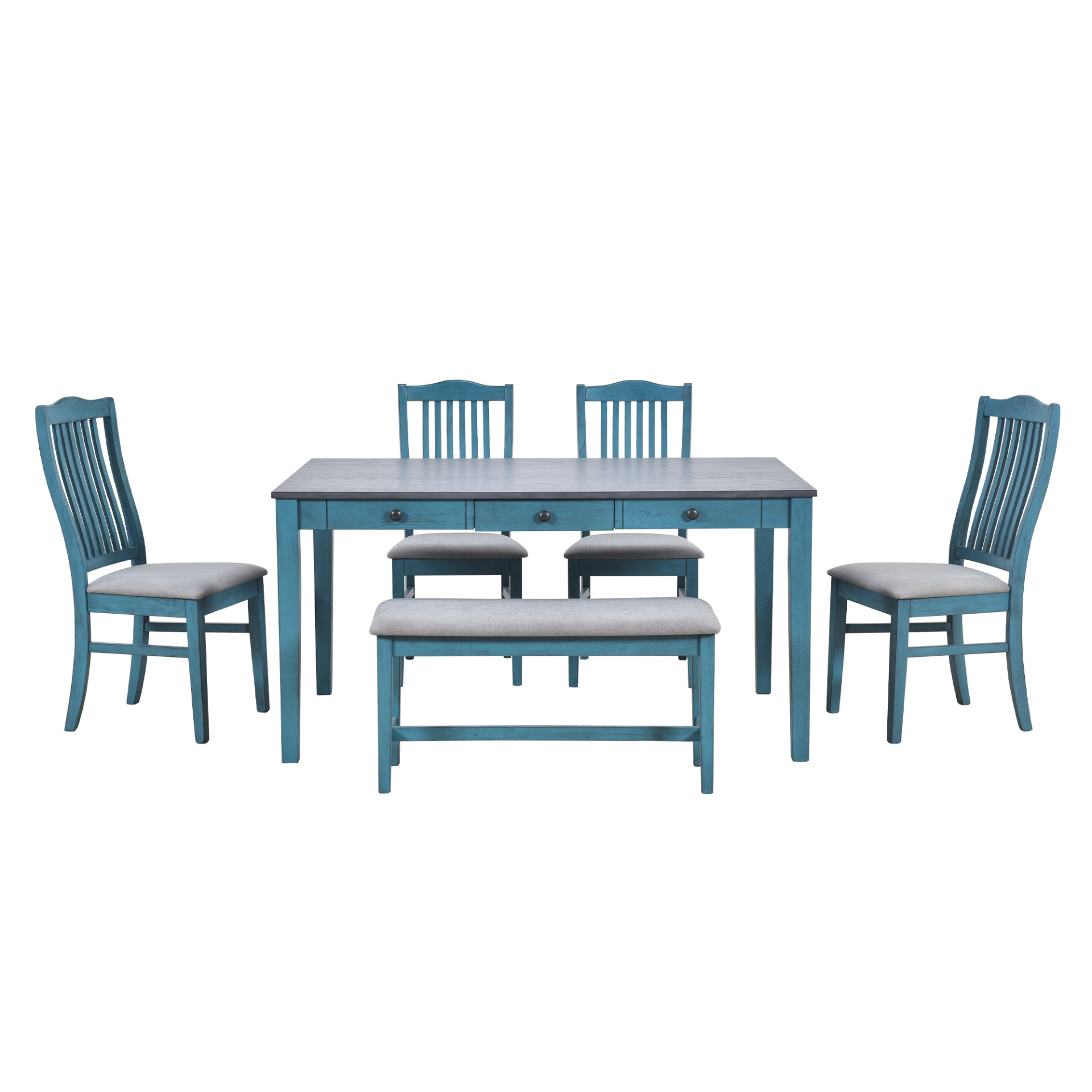 Dining Table | Mid-Century 6-Piece Wood Dining Table Set, Kitchen Table Set with Drawer, Upholstered Chairs and Bench, Antique Blue | casafoyer.myshopify.com