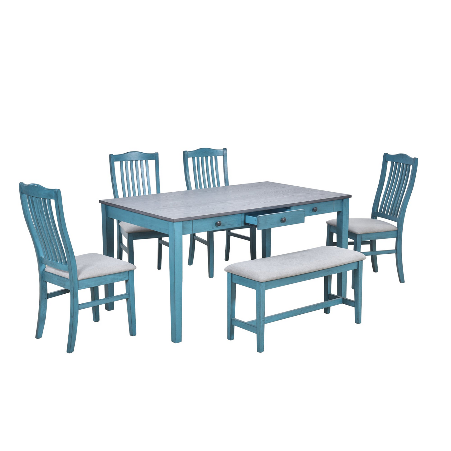 Dining Table | Mid-Century 6-Piece Wood Dining Table Set, Kitchen Table Set with Drawer, Upholstered Chairs and Bench, Antique Blue | casafoyer.myshopify.com