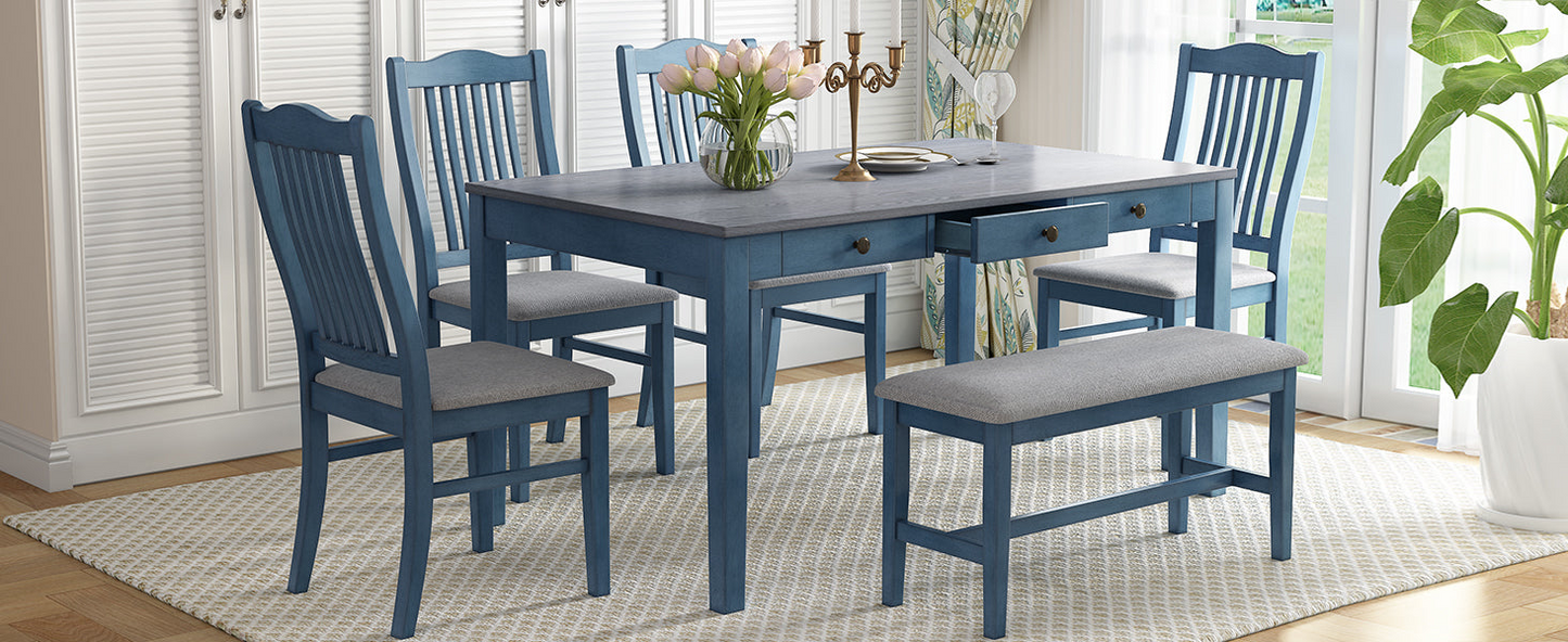 Dining Table | Mid-Century 6-Piece Wood Dining Table Set, Kitchen Table Set with Drawer, Upholstered Chairs and Bench, Antique Blue | casafoyer.myshopify.com