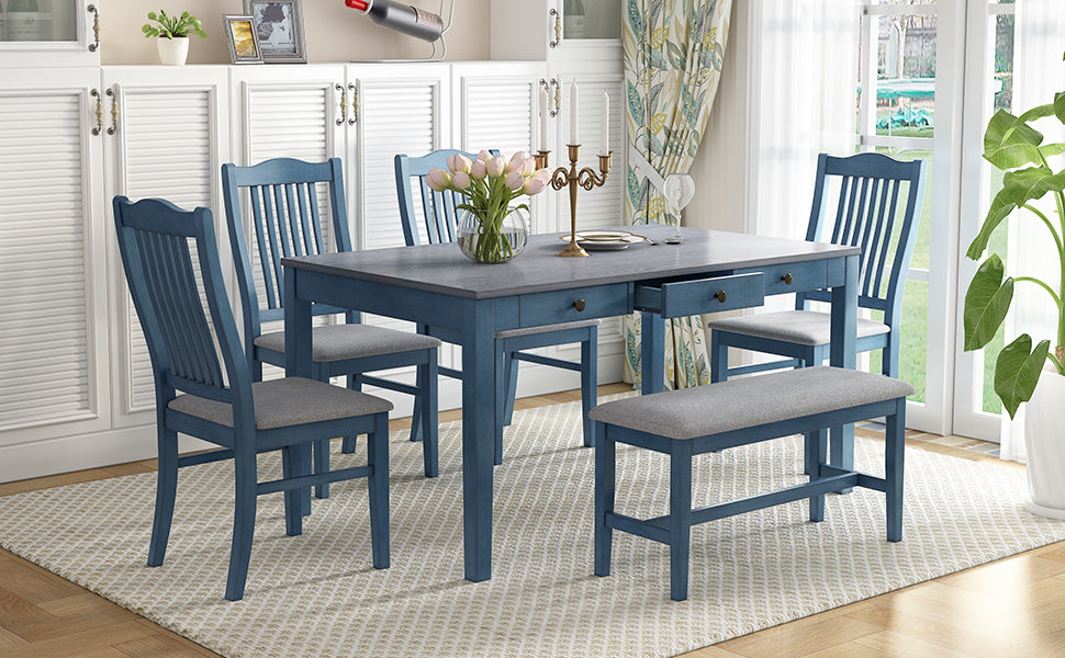 Dining Table | Mid-Century 6-Piece Wood Dining Table Set, Kitchen Table Set with Drawer, Upholstered Chairs and Bench, Antique Blue | casafoyer.myshopify.com