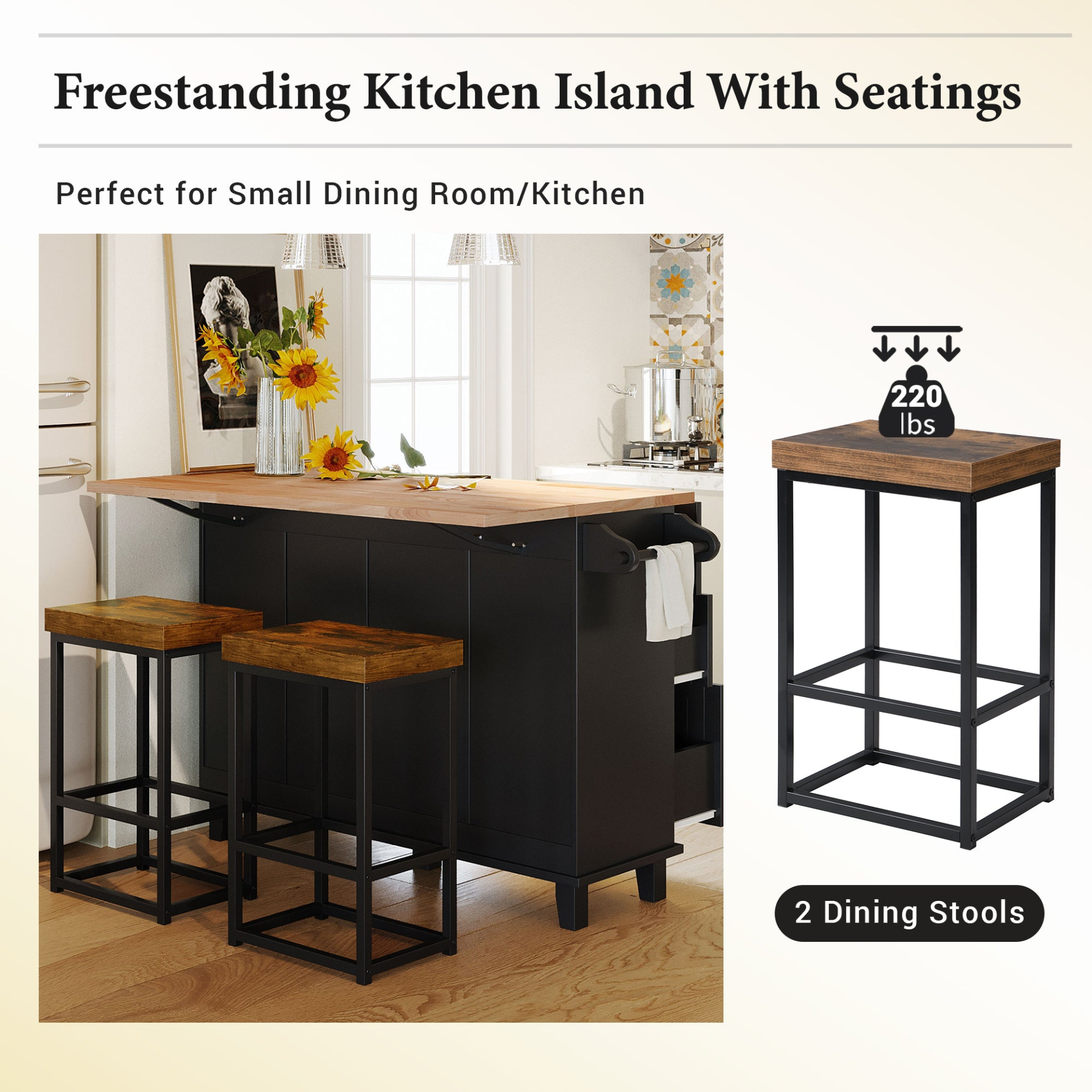 Dining Table | Farmhouse Kitchen Island Set with Drop Leaf and 2 Seatings,Dining Table Set with Storage Cabinet, Drawers and Towel Rack, Black+Rustic Brown | casafoyer.myshopify.com