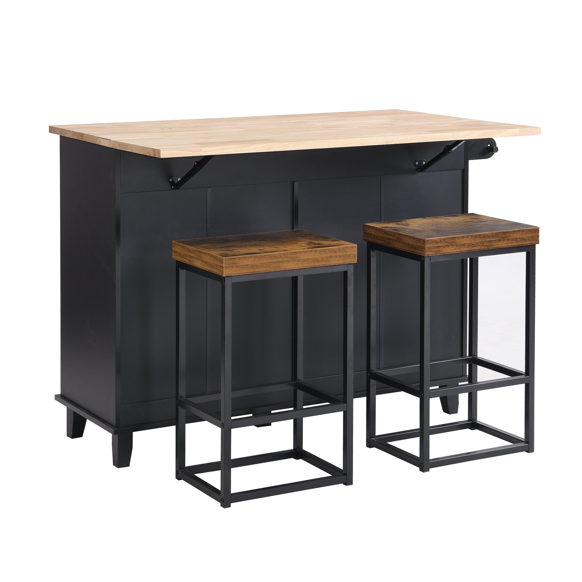 Dining Table | Farmhouse Kitchen Island Set with Drop Leaf and 2 Seatings,Dining Table Set with Storage Cabinet, Drawers and Towel Rack, Black+Rustic Brown | casafoyer.myshopify.com