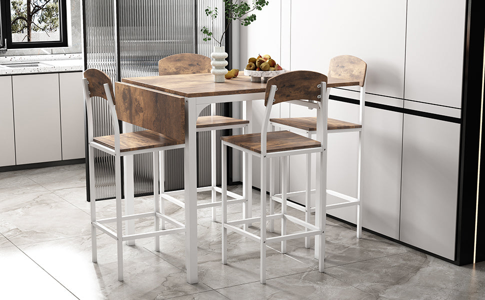 Dining Table | Farmhouse 5-piece Counter Height Drop Leaf Dining Table Set with Dining Chairs for 4,White Frame+ Rustic Brown Tabletop | casafoyer.myshopify.com