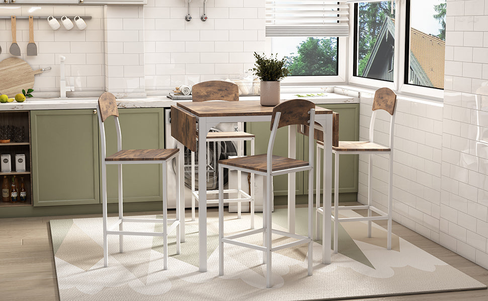 Dining Table | Farmhouse 5-piece Counter Height Drop Leaf Dining Table Set with Dining Chairs for 4,White Frame+ Rustic Brown Tabletop | casafoyer.myshopify.com