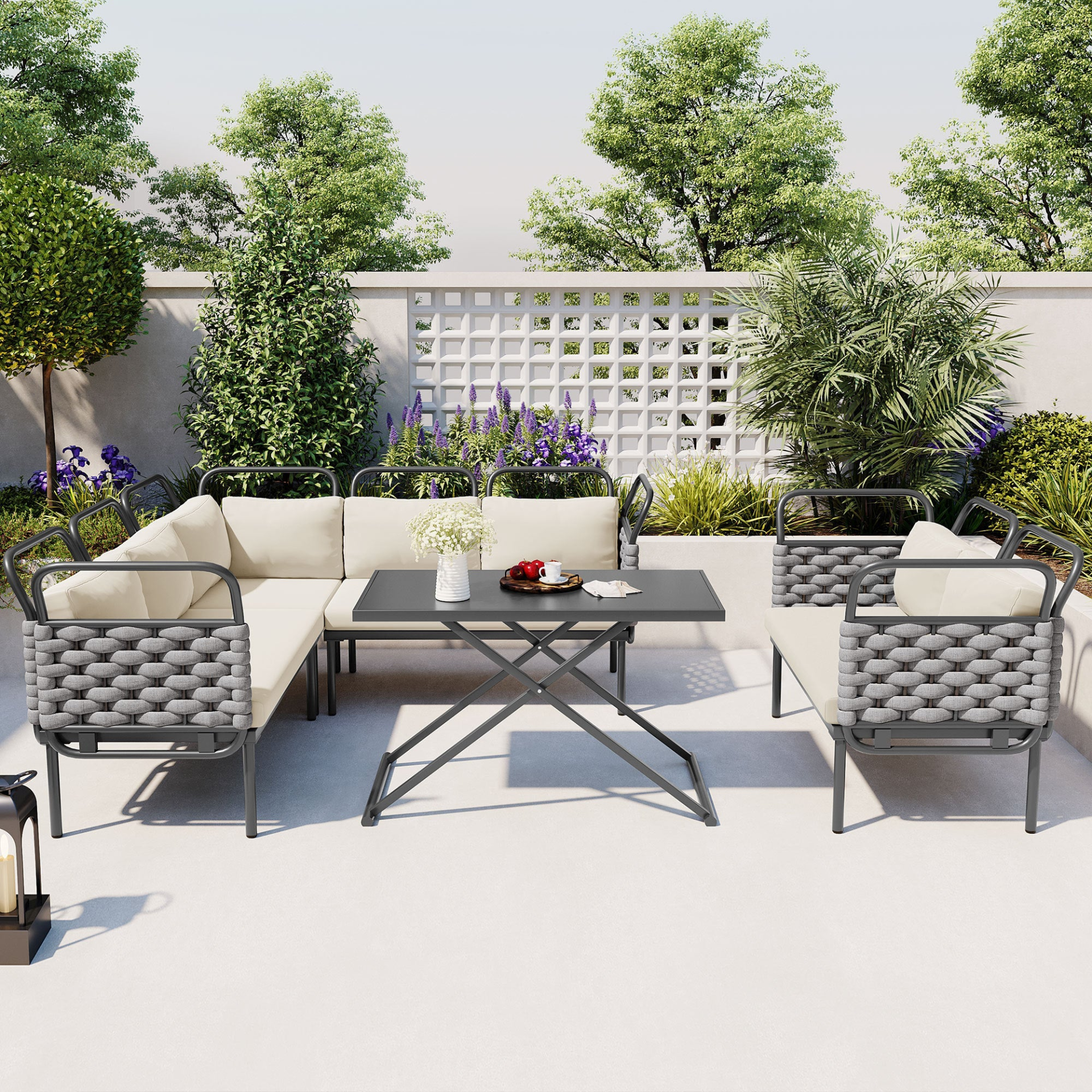 Patio Furntiure Sets | 5-Piece Modern Patio Sectional Sofa Set Outdoor Woven Rope Furniture Set with Glass Table and Cushions, Gray+Beige | casafoyer.myshopify.com