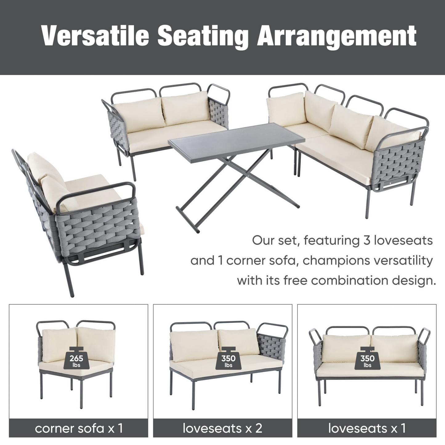 Patio Furntiure Sets | 5-Piece Modern Patio Sectional Sofa Set Outdoor Woven Rope Furniture Set with Glass Table and Cushions, Gray+Beige | casafoyer.myshopify.com