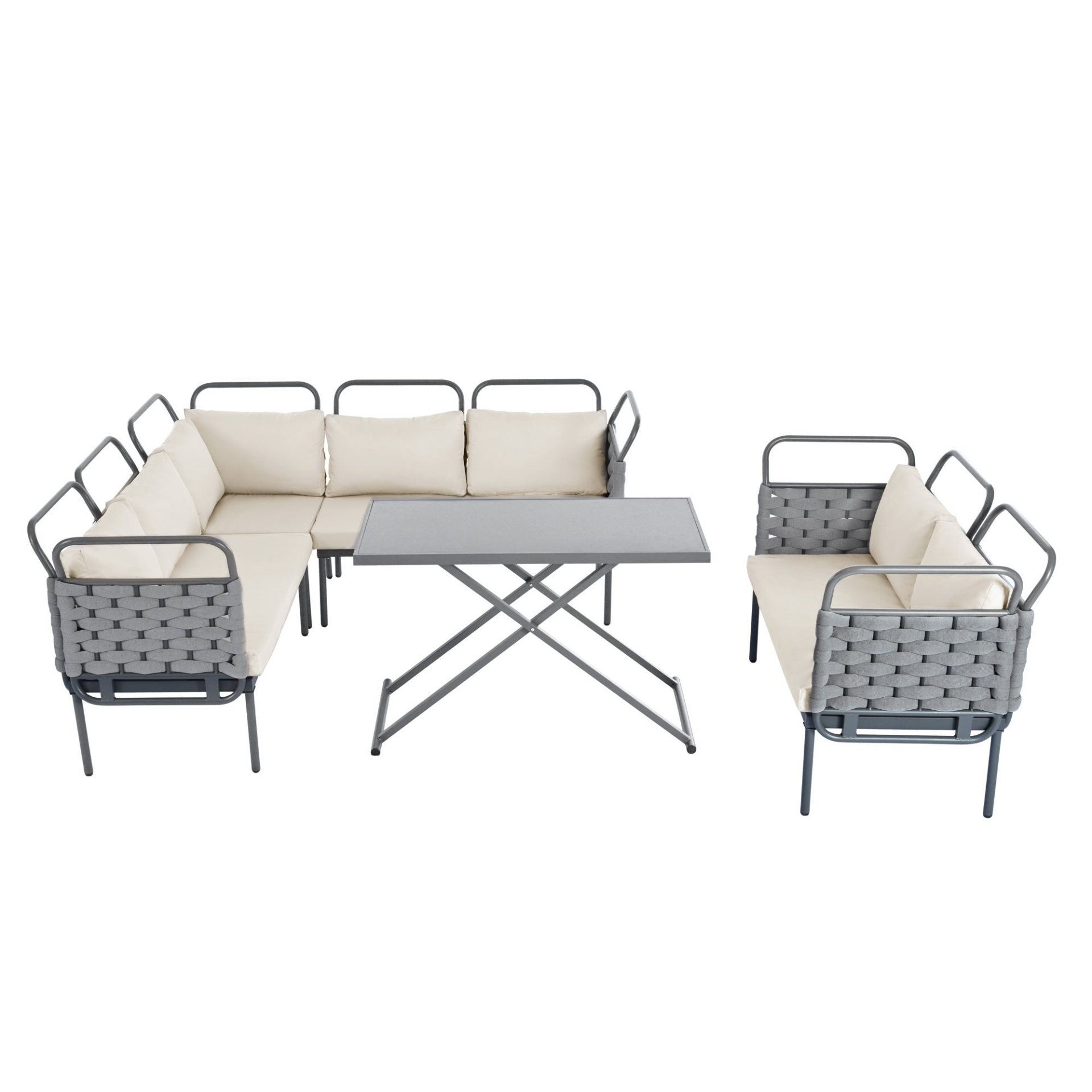 Patio Furntiure Sets | 5-Piece Modern Patio Sectional Sofa Set Outdoor Woven Rope Furniture Set with Glass Table and Cushions, Gray+Beige | casafoyer.myshopify.com