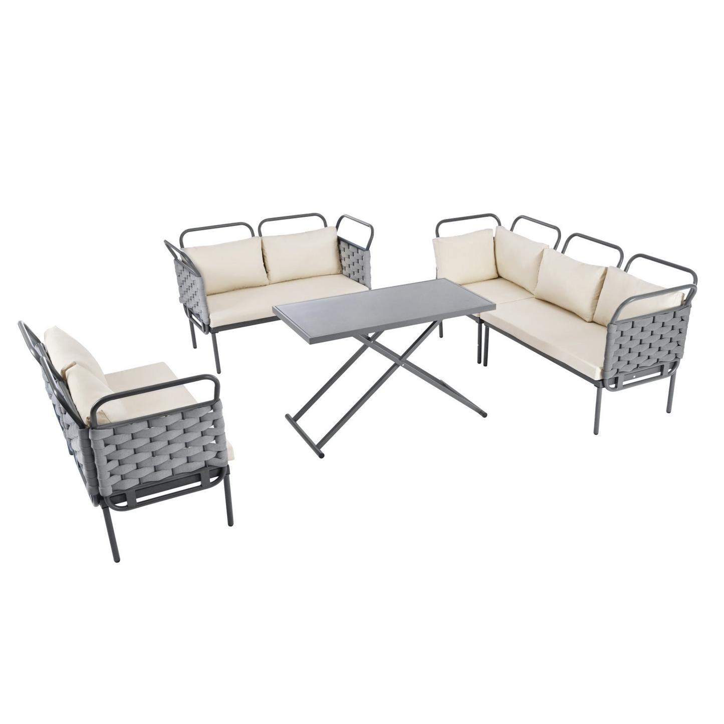 Patio Furntiure Sets | 5-Piece Modern Patio Sectional Sofa Set Outdoor Woven Rope Furniture Set with Glass Table and Cushions, Gray+Beige | casafoyer.myshopify.com