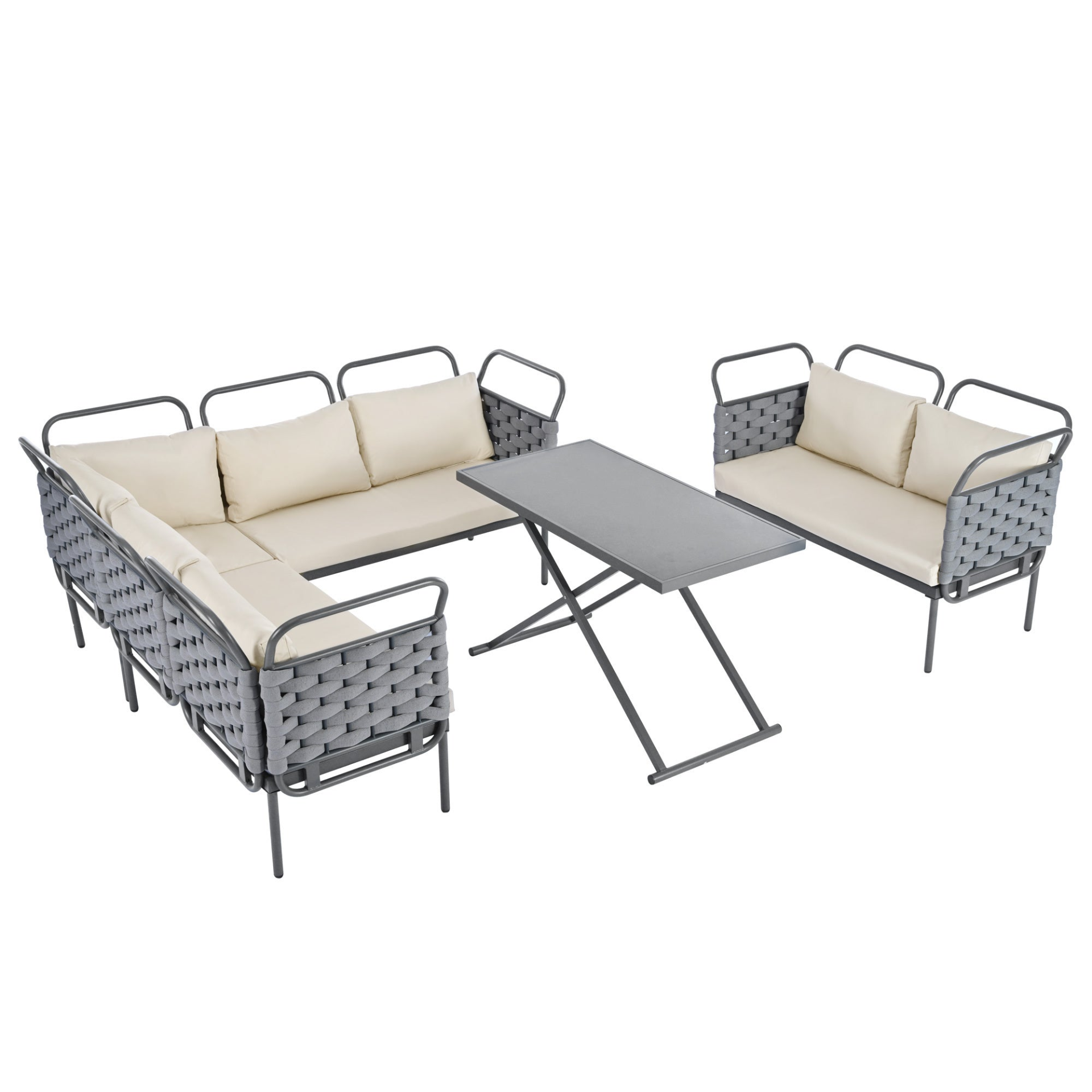 Patio Furntiure Sets | 5-Piece Modern Patio Sectional Sofa Set Outdoor Woven Rope Furniture Set with Glass Table and Cushions, Gray+Beige | casafoyer.myshopify.com