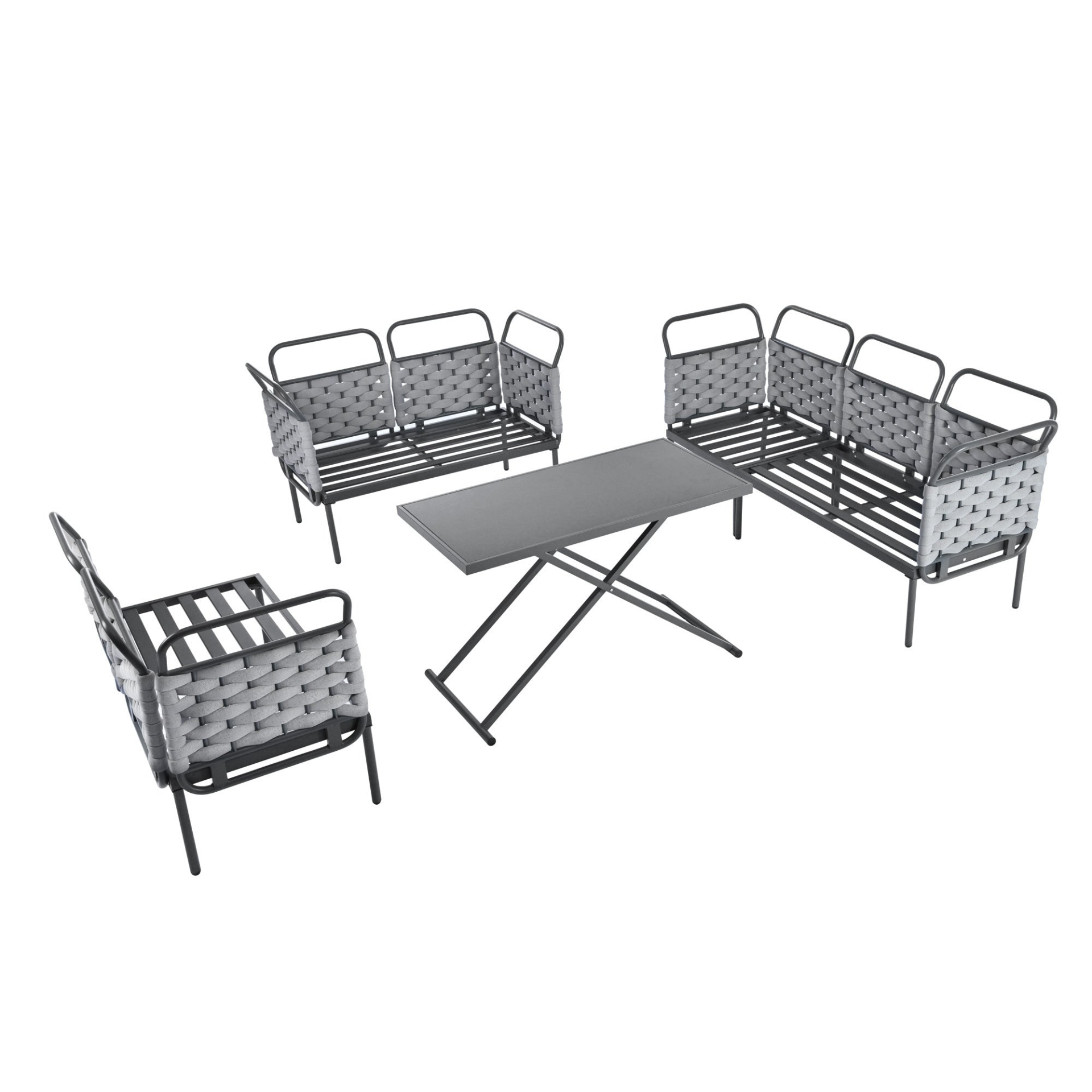 Patio Furntiure Sets | 5-Piece Modern Patio Sectional Sofa Set Outdoor Woven Rope Furniture Set with Glass Table and Cushions, Gray+Beige | casafoyer.myshopify.com