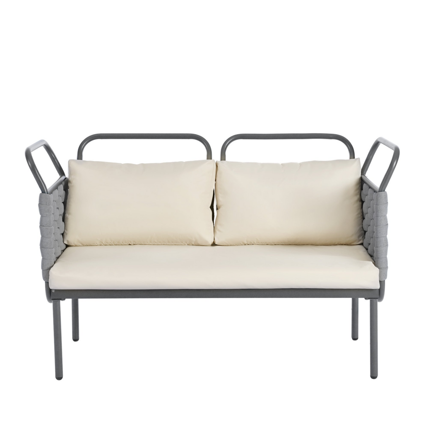 Patio Furntiure Sets | 5-Piece Modern Patio Sectional Sofa Set Outdoor Woven Rope Furniture Set with Glass Table and Cushions, Gray+Beige | casafoyer.myshopify.com