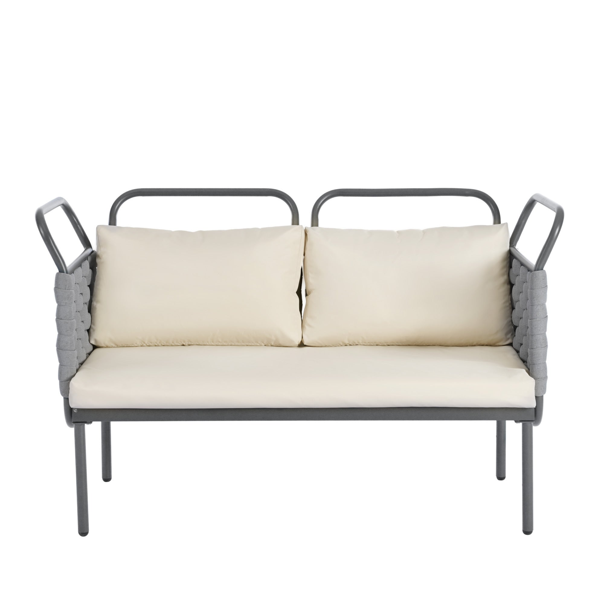 Patio Furntiure Sets | 5-Piece Modern Patio Sectional Sofa Set Outdoor Woven Rope Furniture Set with Glass Table and Cushions, Gray+Beige | casafoyer.myshopify.com