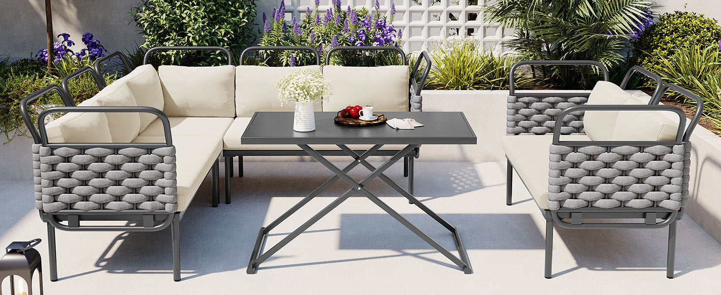 Patio Furntiure Sets | 5-Piece Modern Patio Sectional Sofa Set Outdoor Woven Rope Furniture Set with Glass Table and Cushions, Gray+Beige | casafoyer.myshopify.com