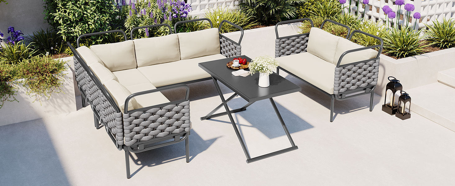 Patio Furntiure Sets | 5-Piece Modern Patio Sectional Sofa Set Outdoor Woven Rope Furniture Set with Glass Table and Cushions, Gray+Beige | casafoyer.myshopify.com