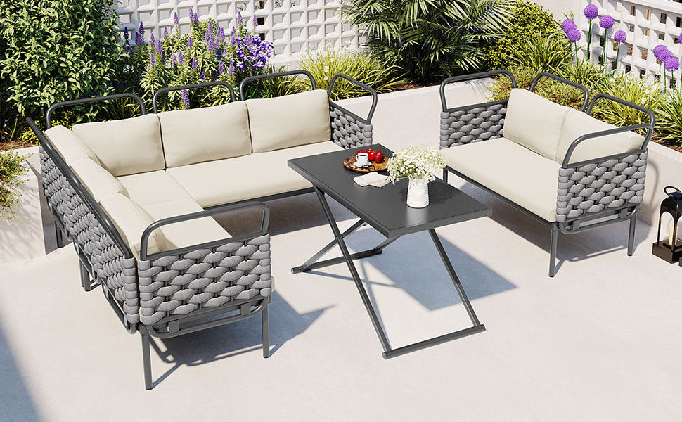 Patio Furntiure Sets | 5-Piece Modern Patio Sectional Sofa Set Outdoor Woven Rope Furniture Set with Glass Table and Cushions, Gray+Beige | casafoyer.myshopify.com