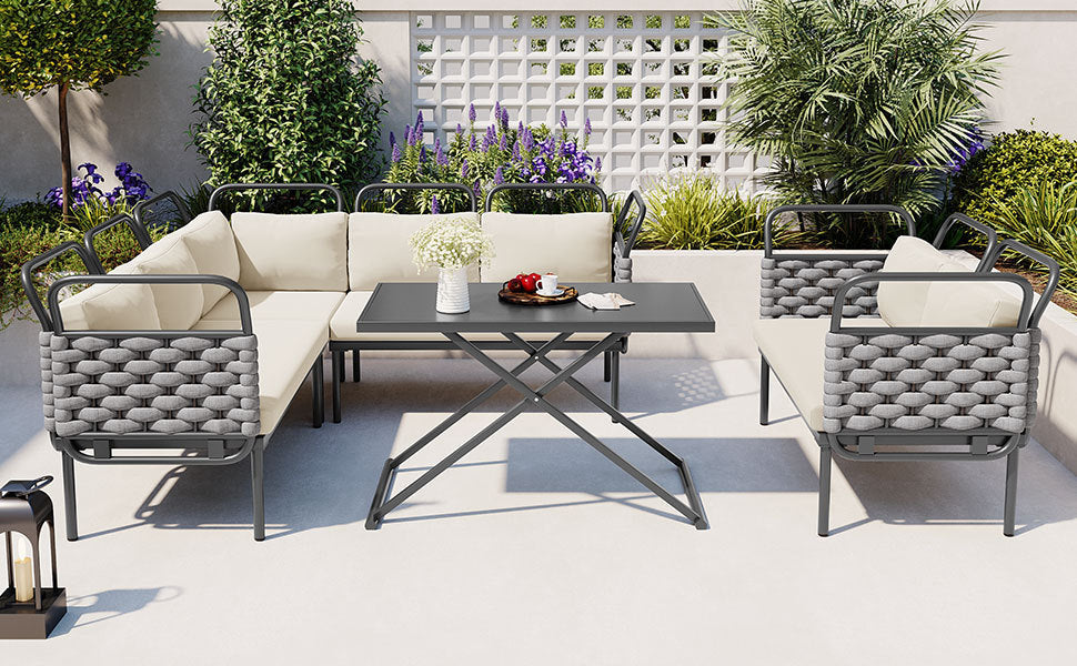 Patio Furntiure Sets | 5-Piece Modern Patio Sectional Sofa Set Outdoor Woven Rope Furniture Set with Glass Table and Cushions, Gray+Beige | casafoyer.myshopify.com