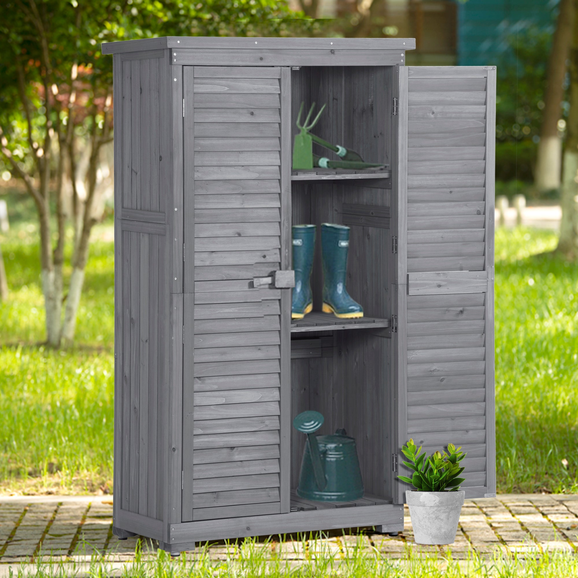 Patio Furntiure Sets | Wooden Garden Shed 3-tier Patio Storage Cabinet Outdoor Organizer Wooden Lockers with Fir Wood (Gray Wood Color -Shutter Design) | casafoyer.myshopify.com