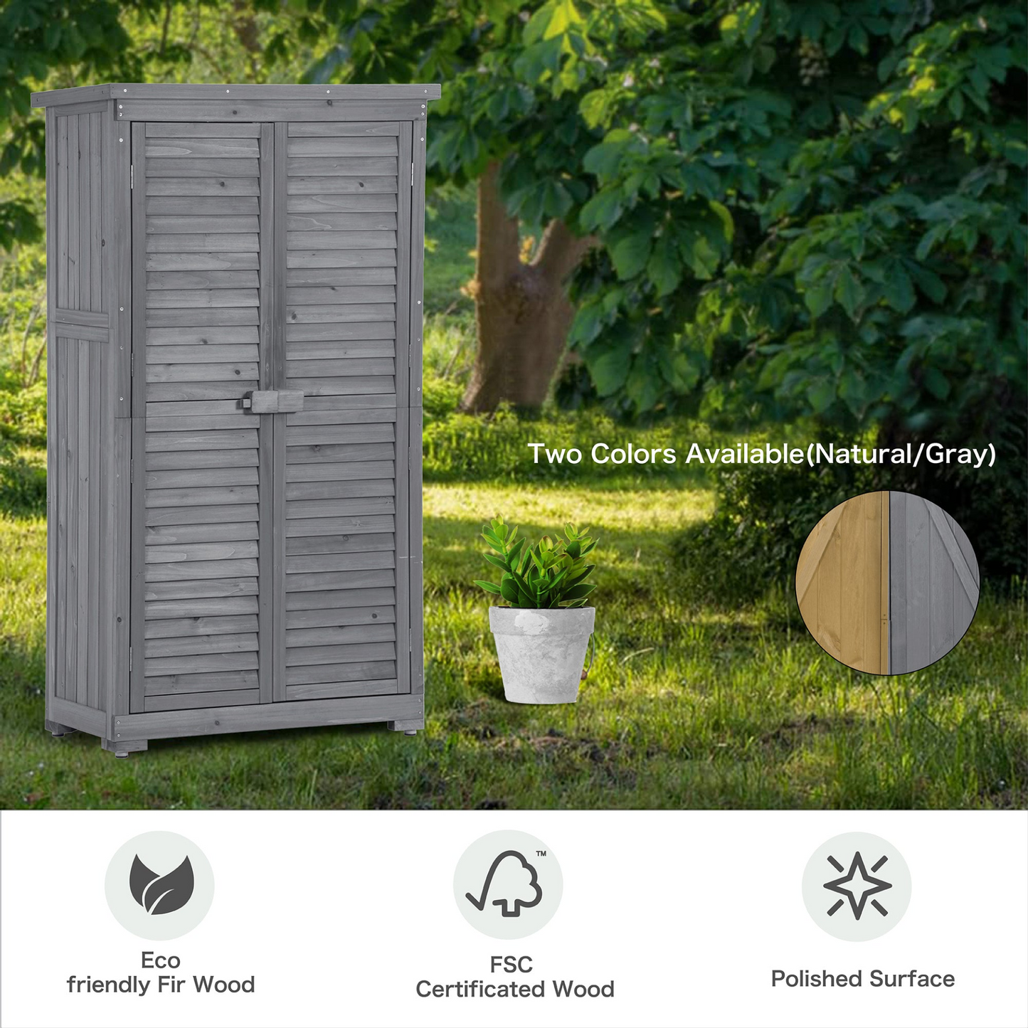 Patio Furntiure Sets | Wooden Garden Shed 3-tier Patio Storage Cabinet Outdoor Organizer Wooden Lockers with Fir Wood (Gray Wood Color -Shutter Design) | casafoyer.myshopify.com