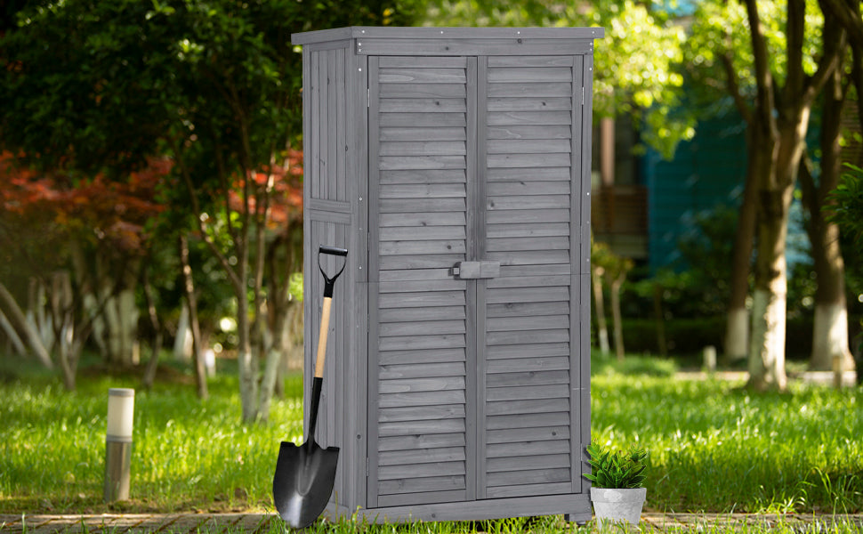 Patio Furntiure Sets | Wooden Garden Shed 3-tier Patio Storage Cabinet Outdoor Organizer Wooden Lockers with Fir Wood (Gray Wood Color -Shutter Design) | casafoyer.myshopify.com