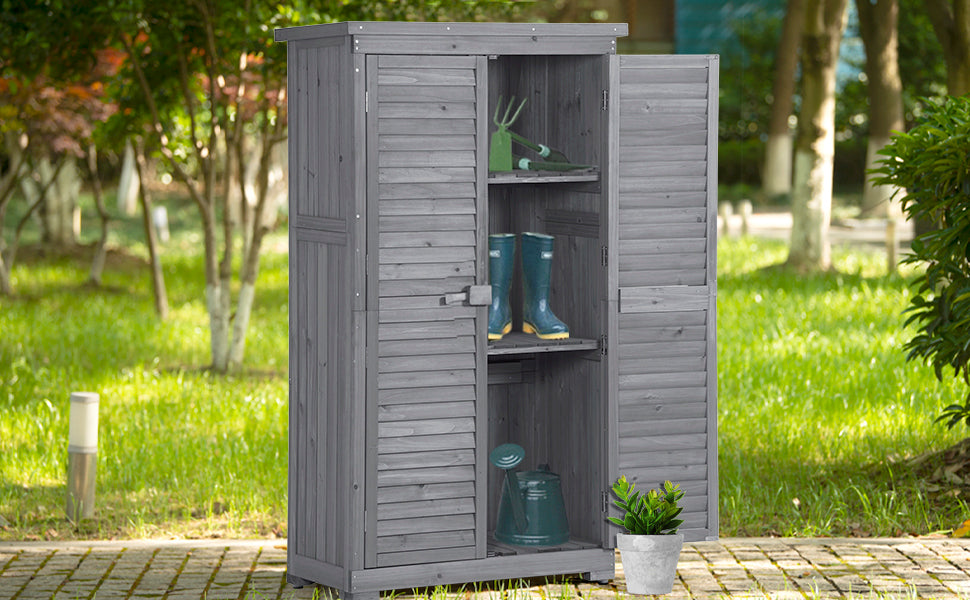 Patio Furntiure Sets | Wooden Garden Shed 3-tier Patio Storage Cabinet Outdoor Organizer Wooden Lockers with Fir Wood (Gray Wood Color -Shutter Design) | casafoyer.myshopify.com