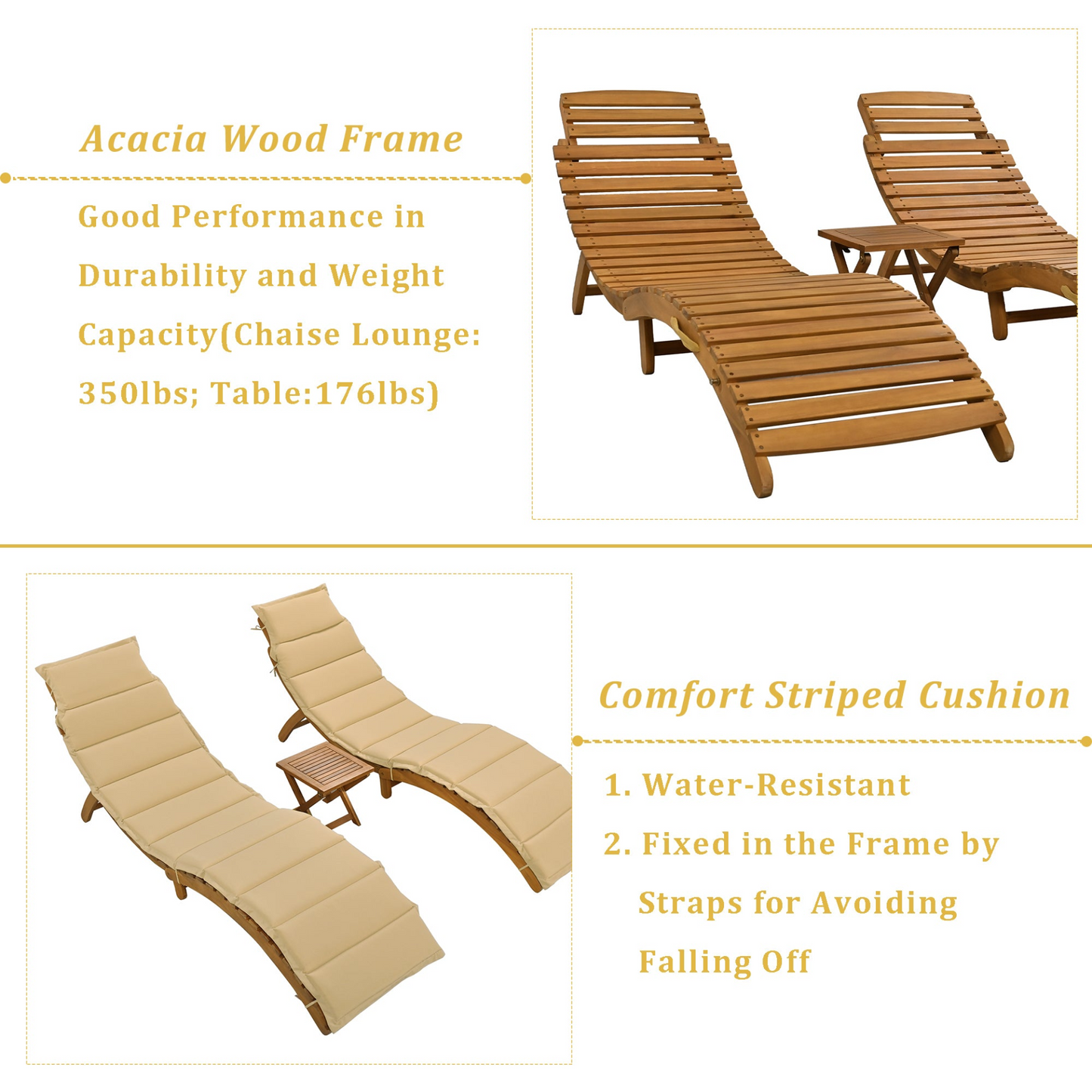 Patio Furntiure Sets | Outdoor Patio Wood Portable Extended Chaise Lounge Set with Foldable Tea Table for Balcony, Poolside, Garden, Brown | casafoyer.myshopify.com