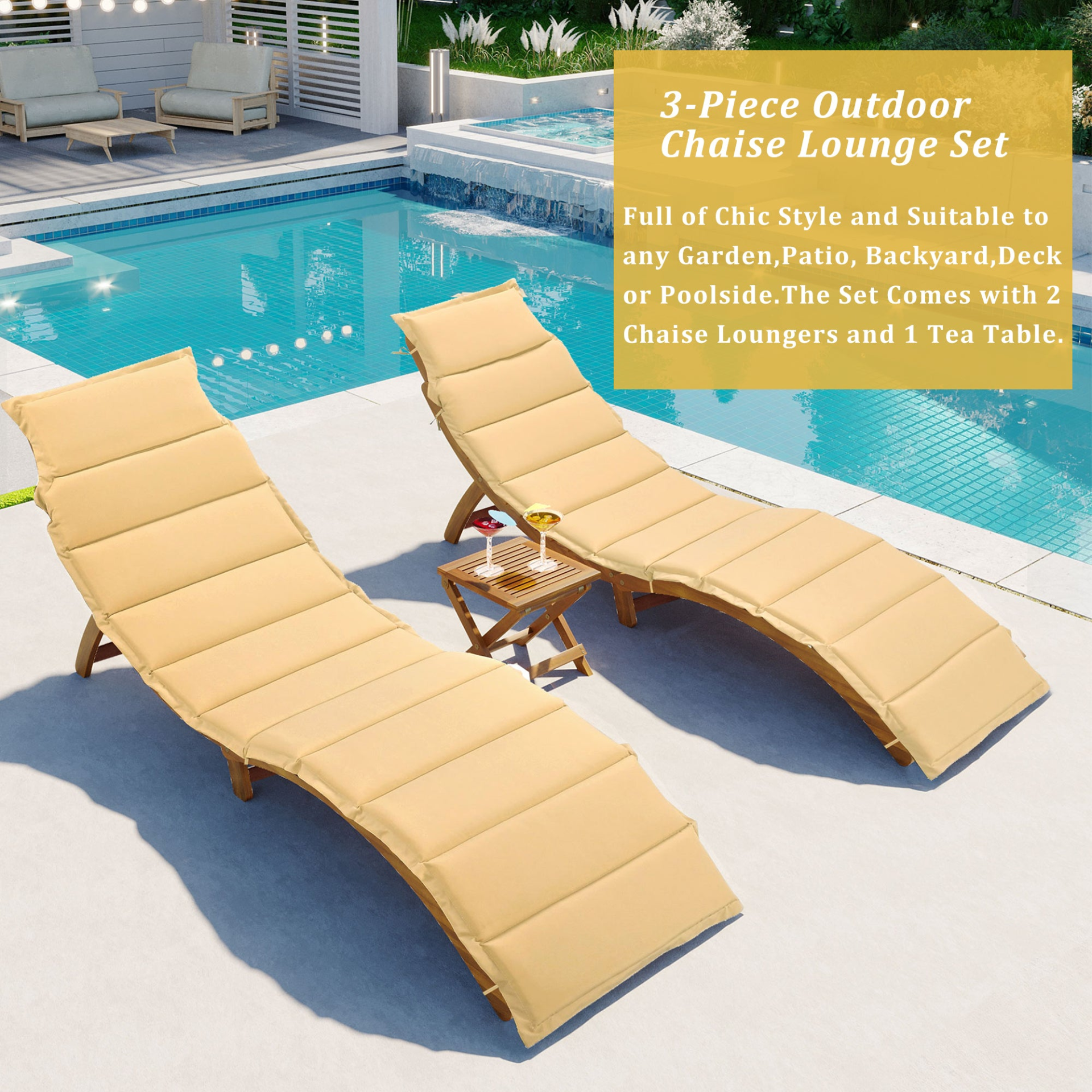 Patio Furntiure Sets | Outdoor Patio Wood Portable Extended Chaise Lounge Set with Foldable Tea Table for Balcony, Poolside, Garden, Brown | casafoyer.myshopify.com