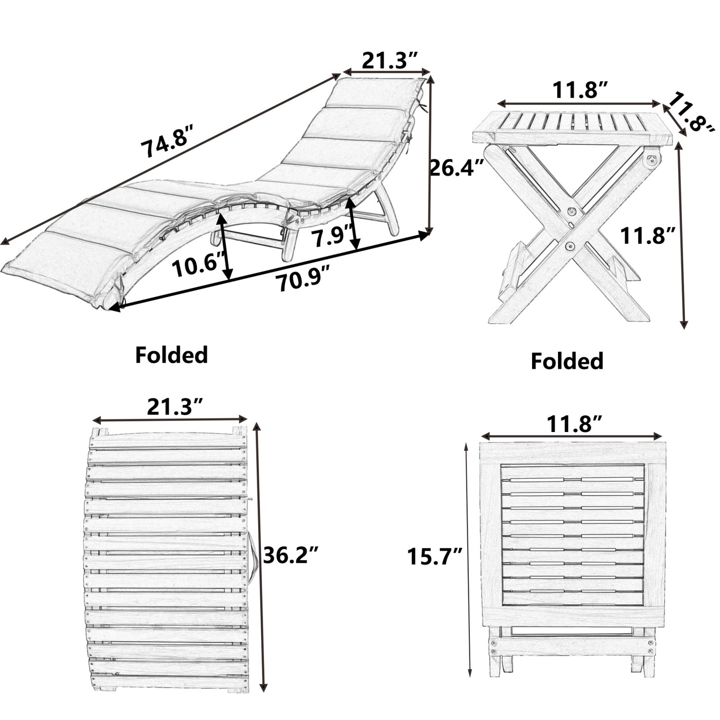 Patio Furntiure Sets | Outdoor Patio Wood Portable Extended Chaise Lounge Set with Foldable Tea Table for Balcony, Poolside, Garden, Brown | casafoyer.myshopify.com