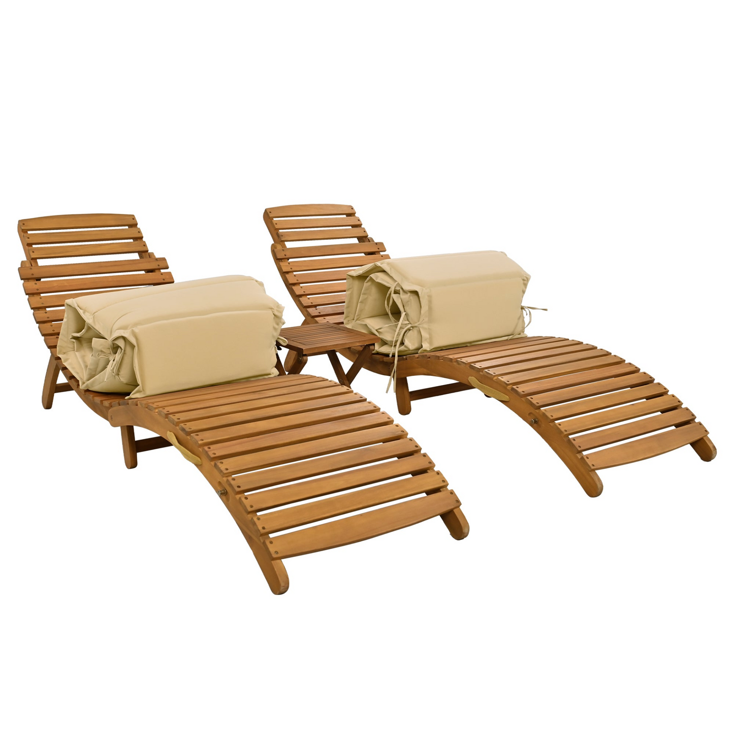 Patio Furntiure Sets | Outdoor Patio Wood Portable Extended Chaise Lounge Set with Foldable Tea Table for Balcony, Poolside, Garden, Brown | casafoyer.myshopify.com