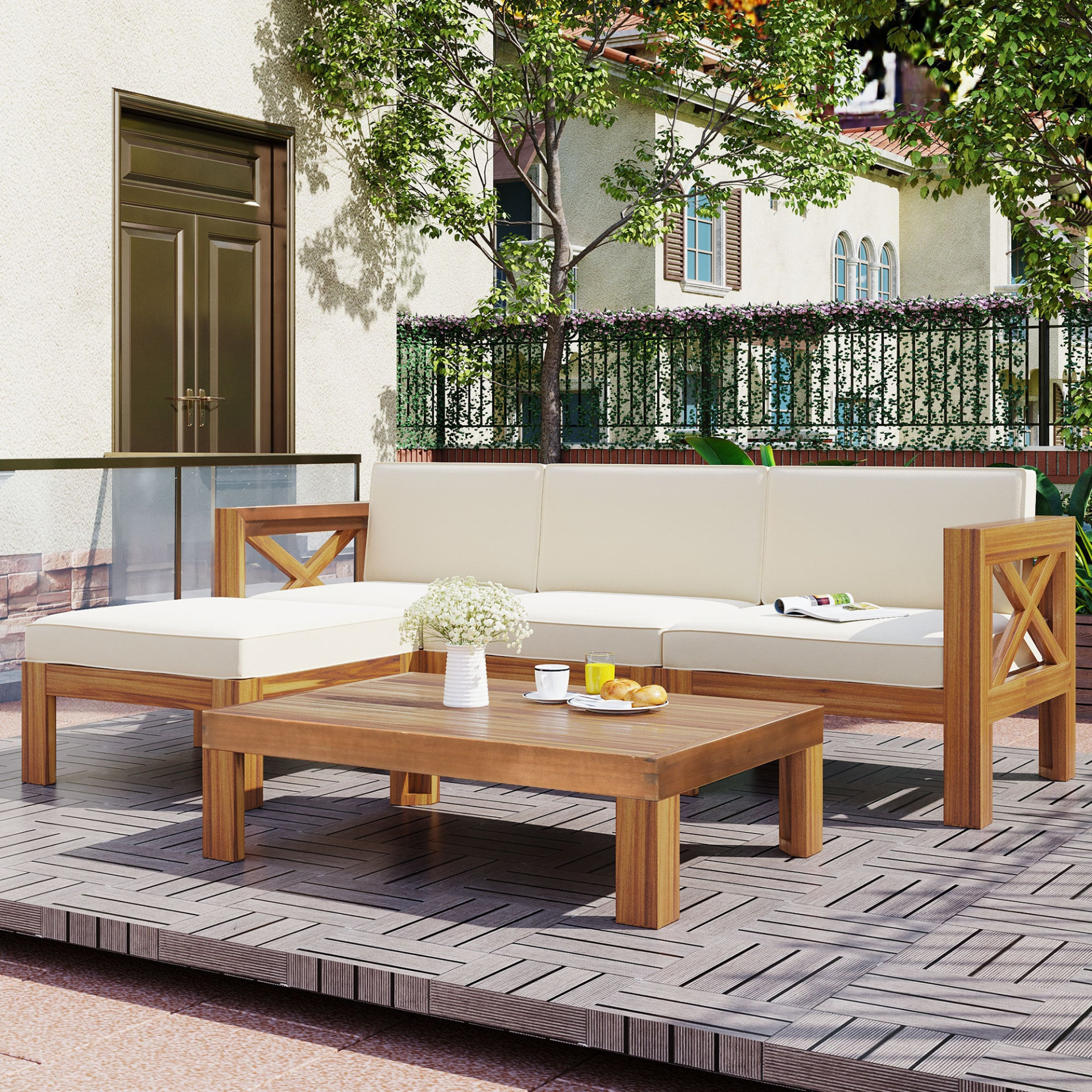 Patio Furntiure Sets | Outdoor Backyard Patio Wood 5-Piece Sectional Sofa Seating Group Set with Cushions, Natural Finish+ Beige Cushions | casafoyer.myshopify.com