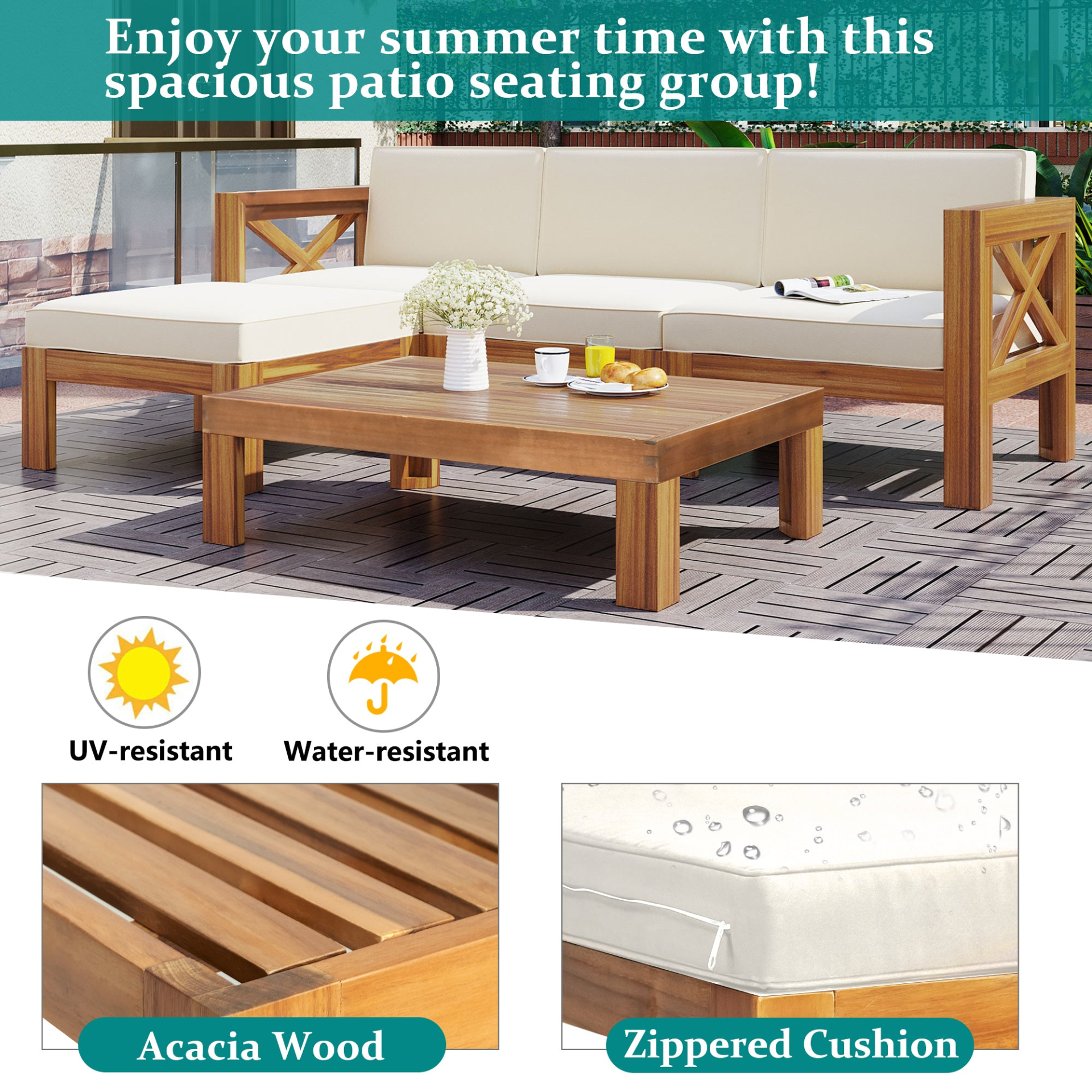 Patio Furntiure Sets | Outdoor Backyard Patio Wood 5-Piece Sectional Sofa Seating Group Set with Cushions, Natural Finish+ Beige Cushions | casafoyer.myshopify.com