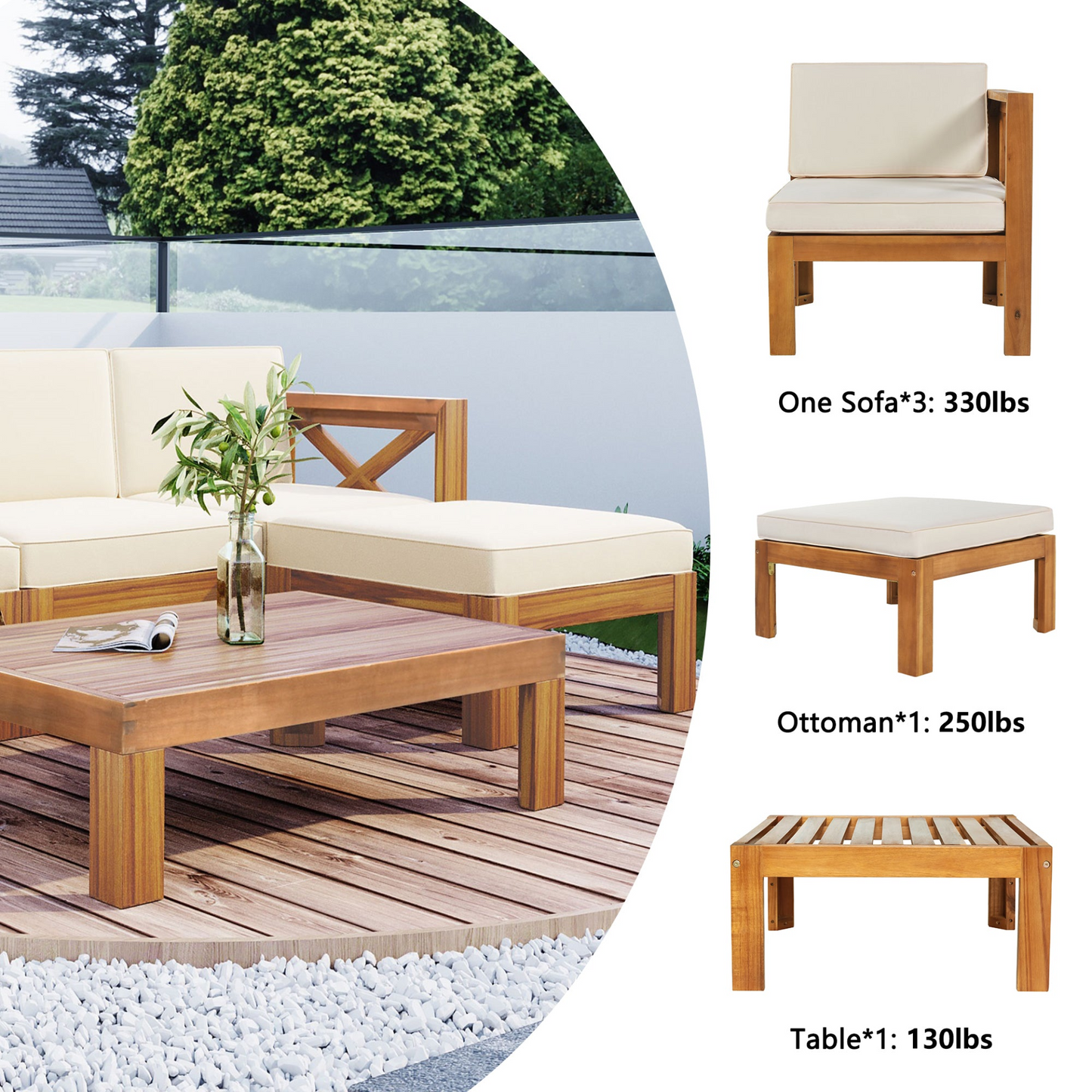 Patio Furntiure Sets | Outdoor Backyard Patio Wood 5-Piece Sectional Sofa Seating Group Set with Cushions, Natural Finish+ Beige Cushions | casafoyer.myshopify.com