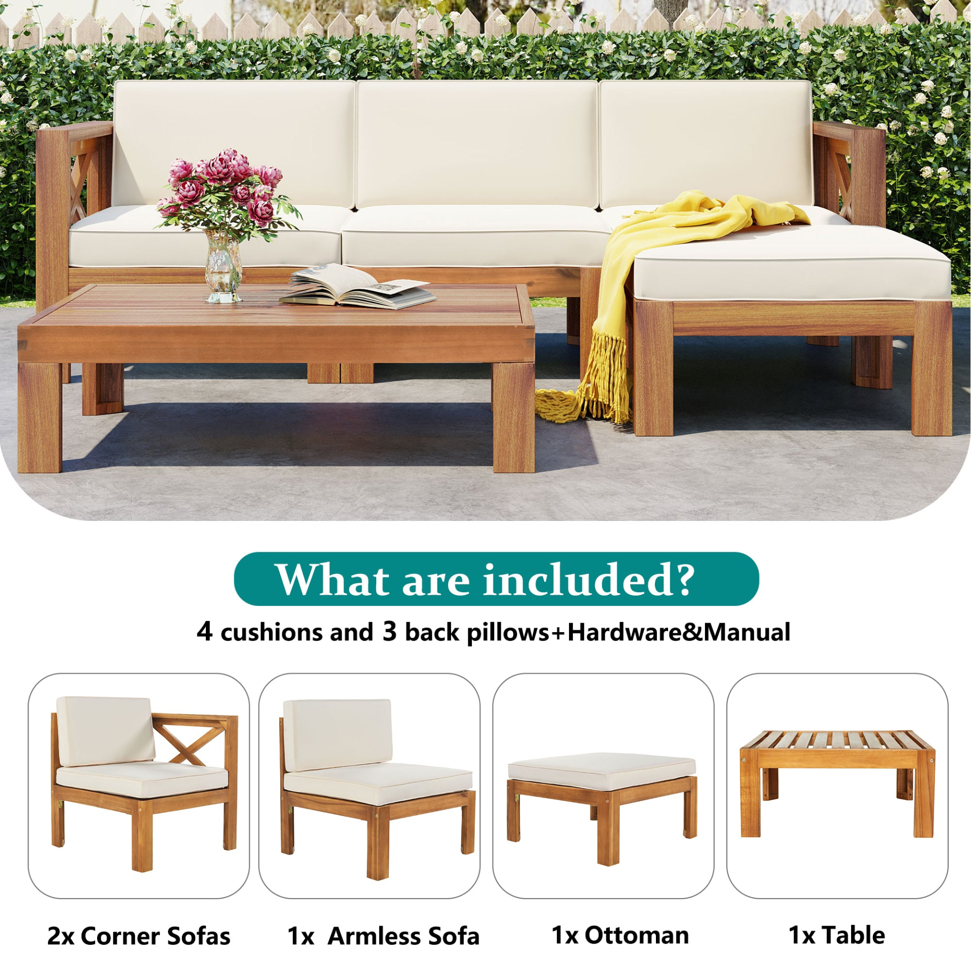 Patio Furntiure Sets | Outdoor Backyard Patio Wood 5-Piece Sectional Sofa Seating Group Set with Cushions, Natural Finish+ Beige Cushions | casafoyer.myshopify.com