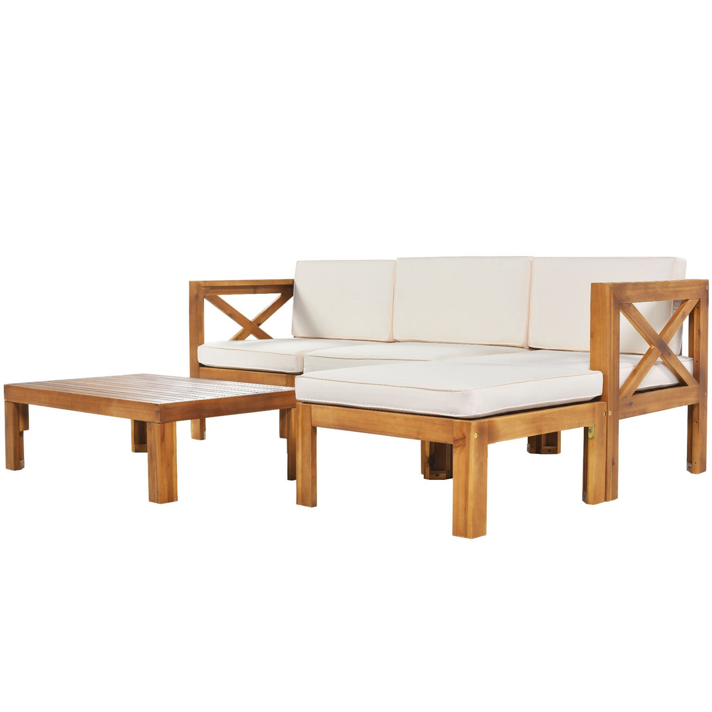 Patio Furntiure Sets | Outdoor Backyard Patio Wood 5-Piece Sectional Sofa Seating Group Set with Cushions, Natural Finish+ Beige Cushions | casafoyer.myshopify.com