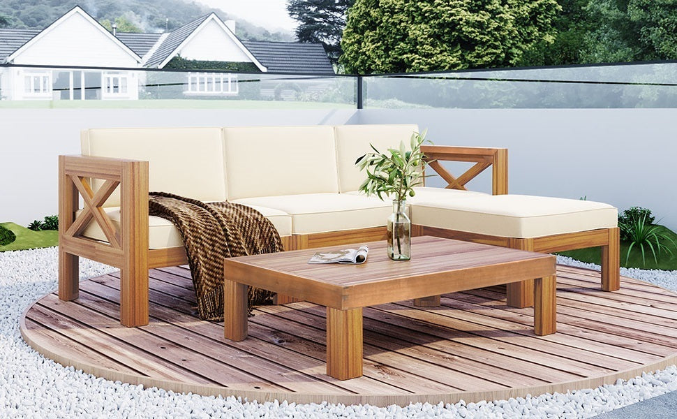 Patio Furntiure Sets | Outdoor Backyard Patio Wood 5-Piece Sectional Sofa Seating Group Set with Cushions, Natural Finish+ Beige Cushions | casafoyer.myshopify.com