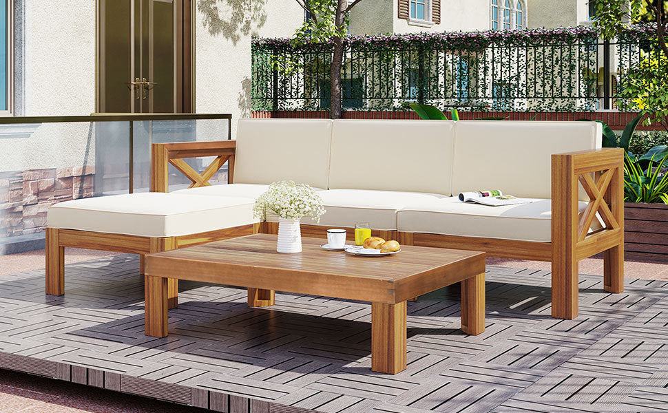 Patio Furntiure Sets | Outdoor Backyard Patio Wood 5-Piece Sectional Sofa Seating Group Set with Cushions, Natural Finish+ Beige Cushions | casafoyer.myshopify.com