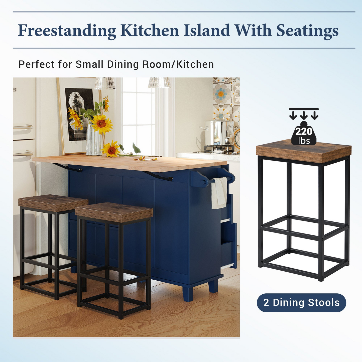 Dining Table | Farmhouse Kitchen Island Set with Drop Leaf and 2 Seatings, Dining Table Set with Storage Cabinet, Drawers and Towel Rack, Blue+Black+Brown | casafoyer.myshopify.com