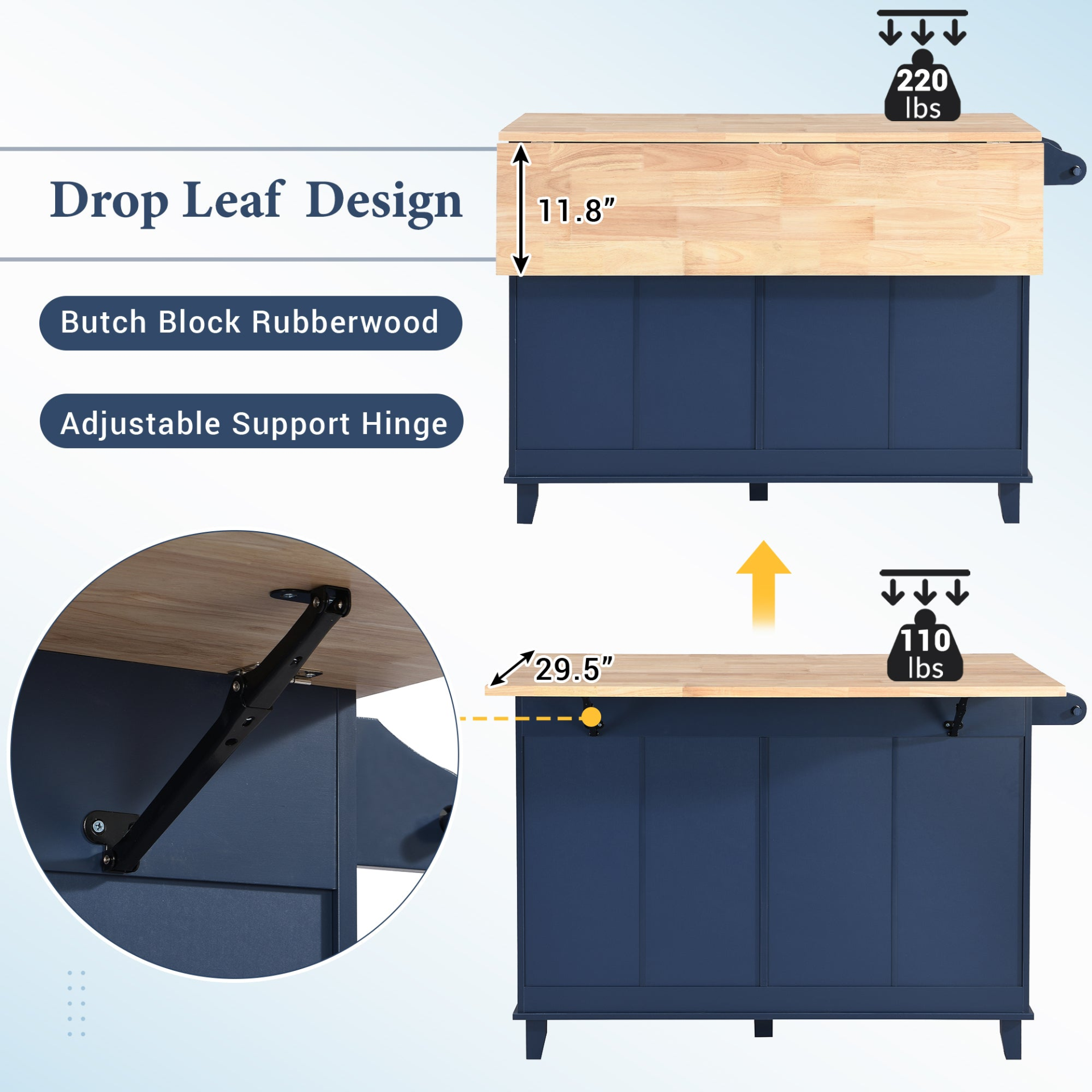 Dining Table | Farmhouse Kitchen Island Set with Drop Leaf and 2 Seatings, Dining Table Set with Storage Cabinet, Drawers and Towel Rack, Blue+Black+Brown | casafoyer.myshopify.com