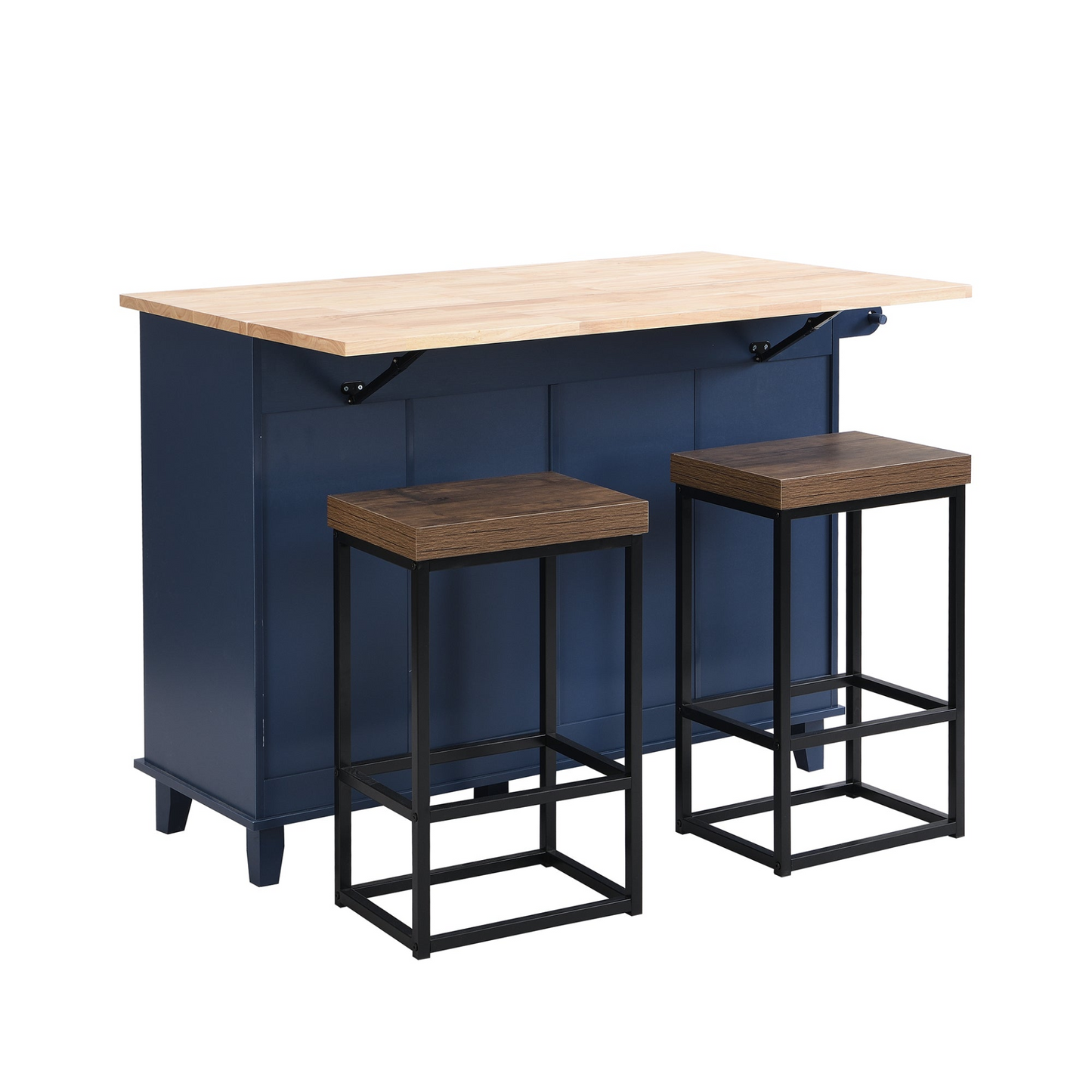 Dining Table | Farmhouse Kitchen Island Set with Drop Leaf and 2 Seatings, Dining Table Set with Storage Cabinet, Drawers and Towel Rack, Blue+Black+Brown | casafoyer.myshopify.com