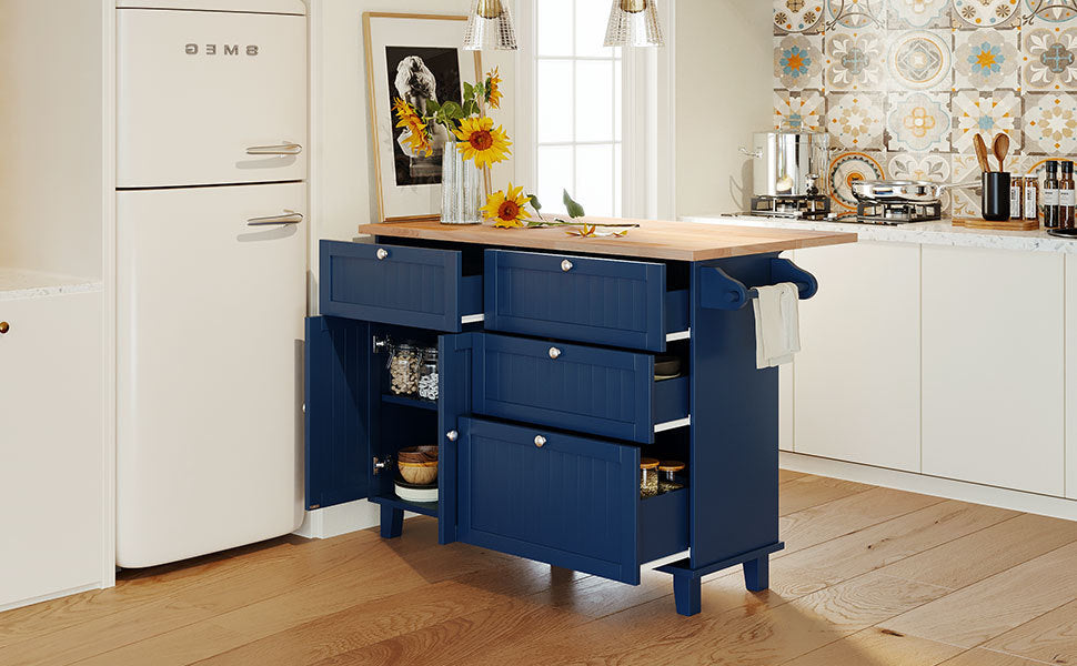 Dining Table | Farmhouse Kitchen Island Set with Drop Leaf and 2 Seatings, Dining Table Set with Storage Cabinet, Drawers and Towel Rack, Blue+Black+Brown | casafoyer.myshopify.com